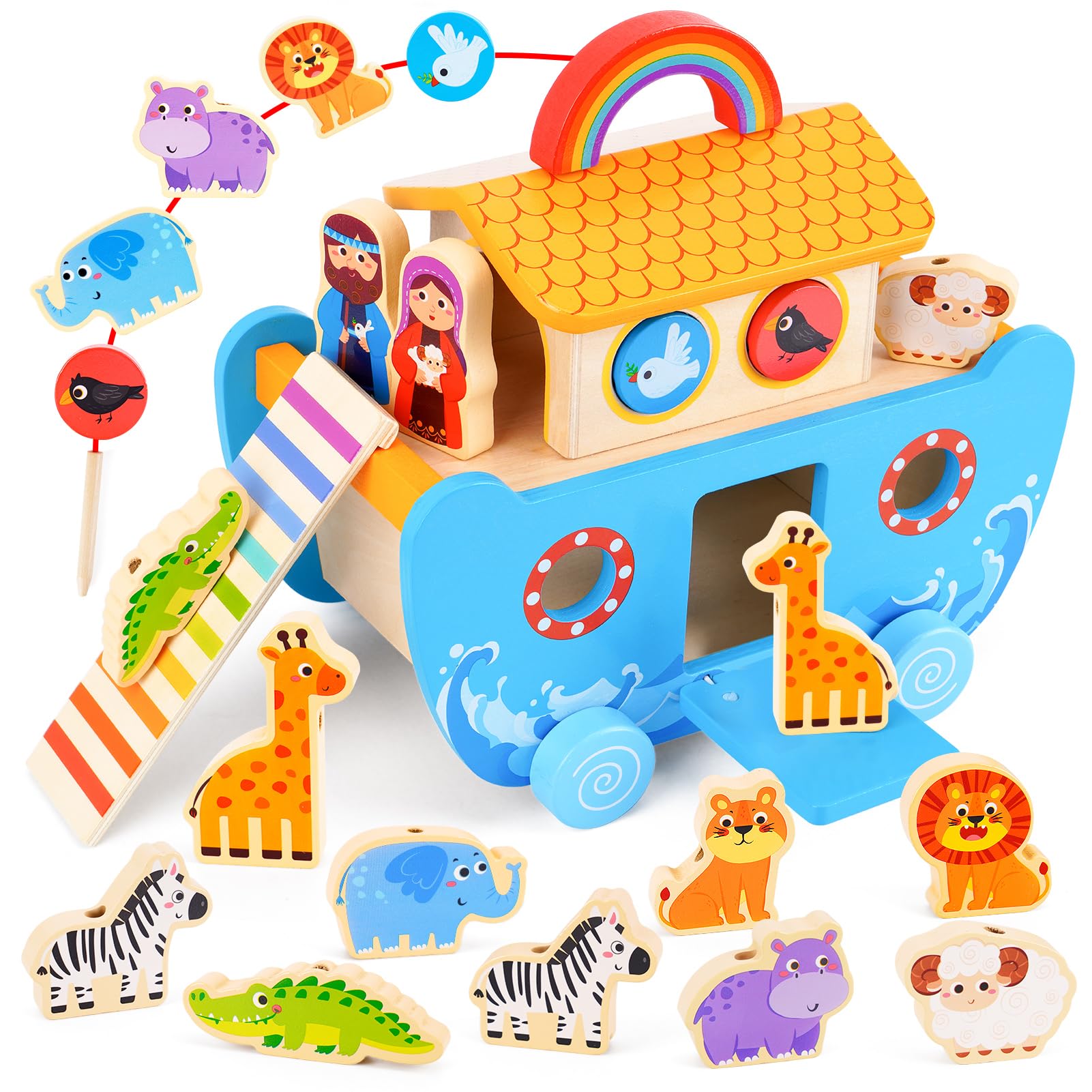 Noah's Ark Montessori Set: Wooden Shape Sorter and Bible Story Toy (Ages 2-4)