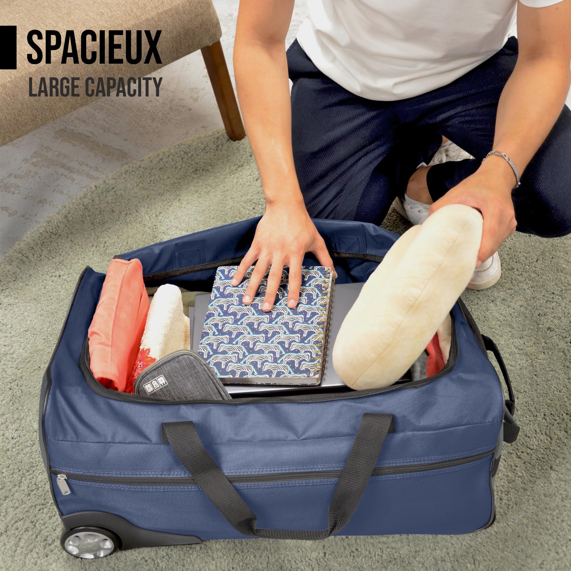 KINSTON Sac de Voyage Trolley Bleu - Grand Sac à roulettes & Canne Télescopique, Compartiment Principal Spacieux et Poche Latérale Zippée - Valise Bagage à Main Idéal pour Voyages et Week-Ends