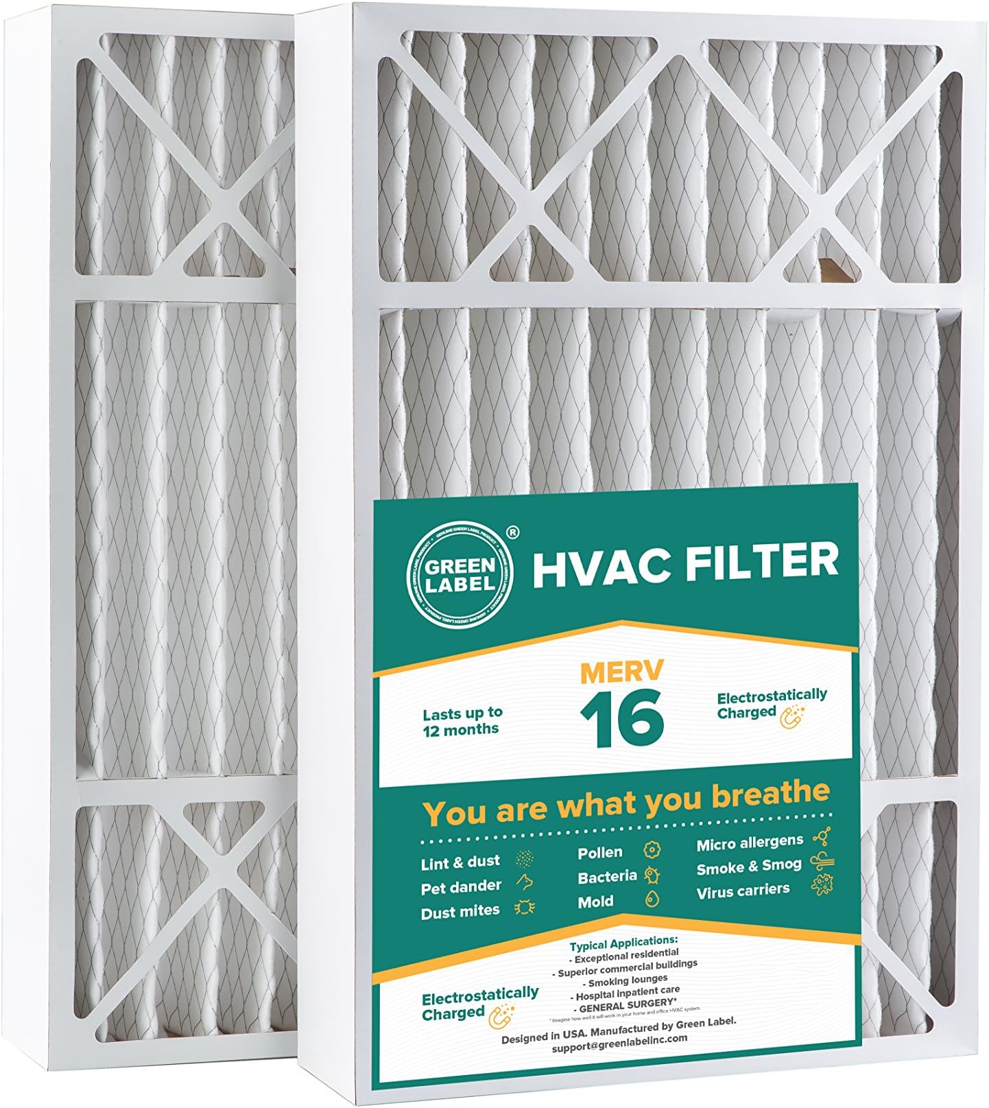 Green Label Brand HVAC Air Filter 16x25x5, AC Furnace Air Ultra Cleaning Filter MERV 16 - Pack of 2