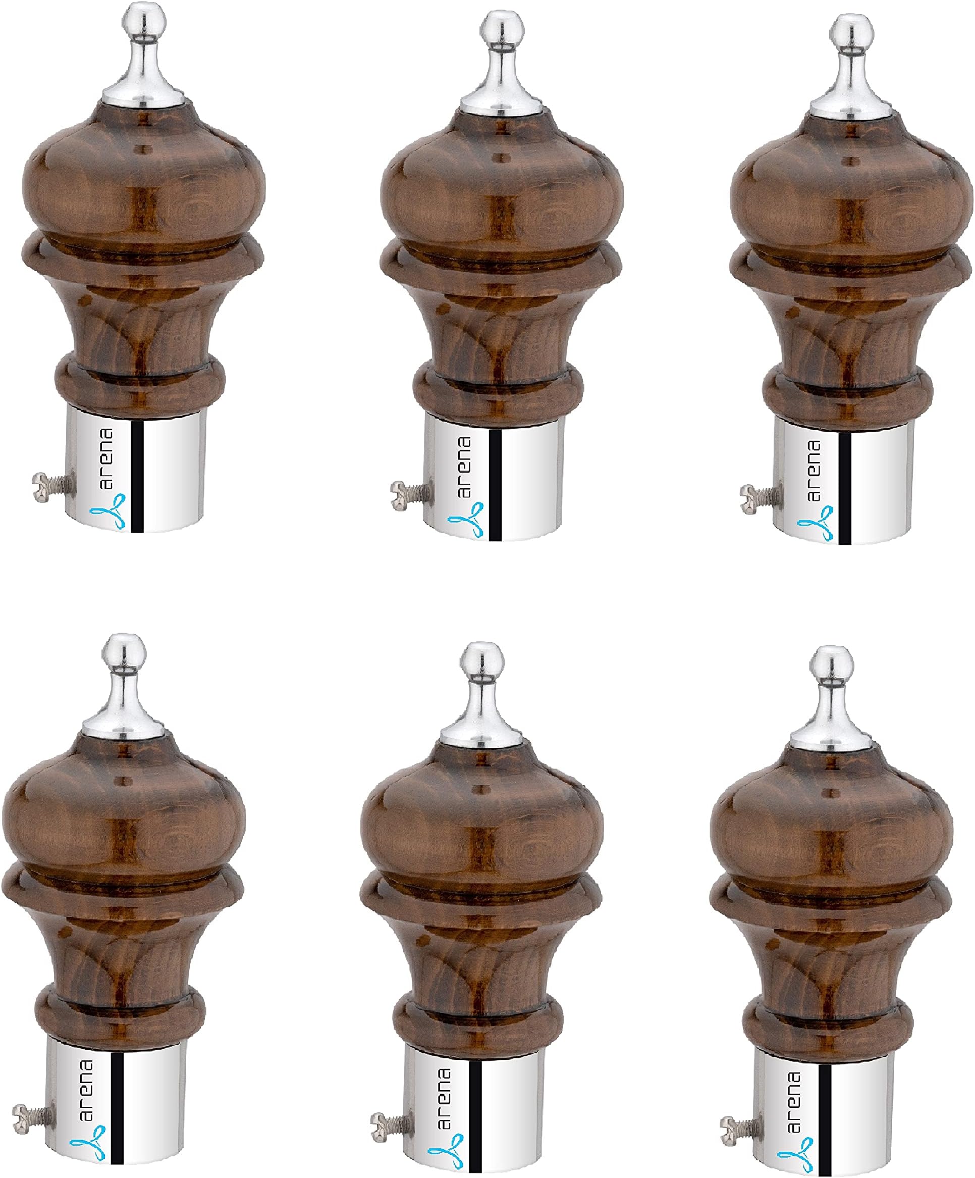 Arena Wengi Finish Wooden and Stainless Steel Heavy Curtain Finials for Door and Window Accessories Full for Single Rod 1 Inch - 3 Set (6 Pcs) : Curtain Brackets/Holders