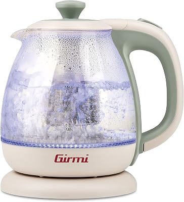 Girmi BL41 Bollitore + Tisaniera in Vetro, 1100 W, Filtro smontabile INOX, Resistenza di sicurezza, Base con rotazione 360°, Cordless 1 Litro, Verde acqua