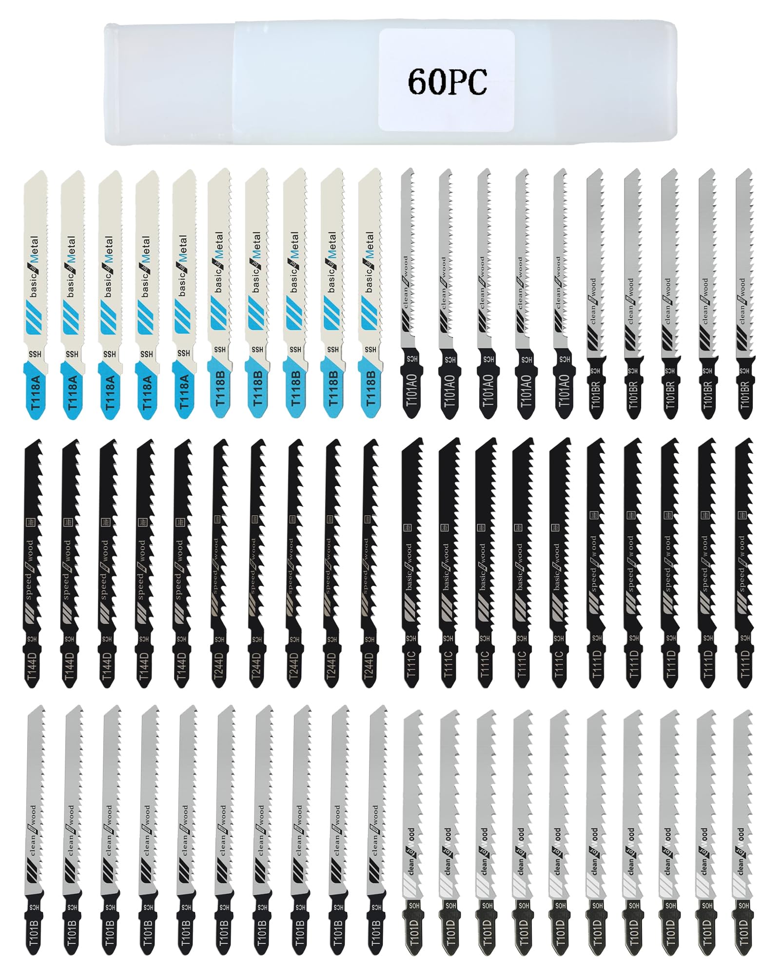 Set of 60 Jigsaw Blades - T-Shank Blades for Wood, Plastic and Metal, Jigsaw Blades for Wood, Long Blades with Practical Storage Case