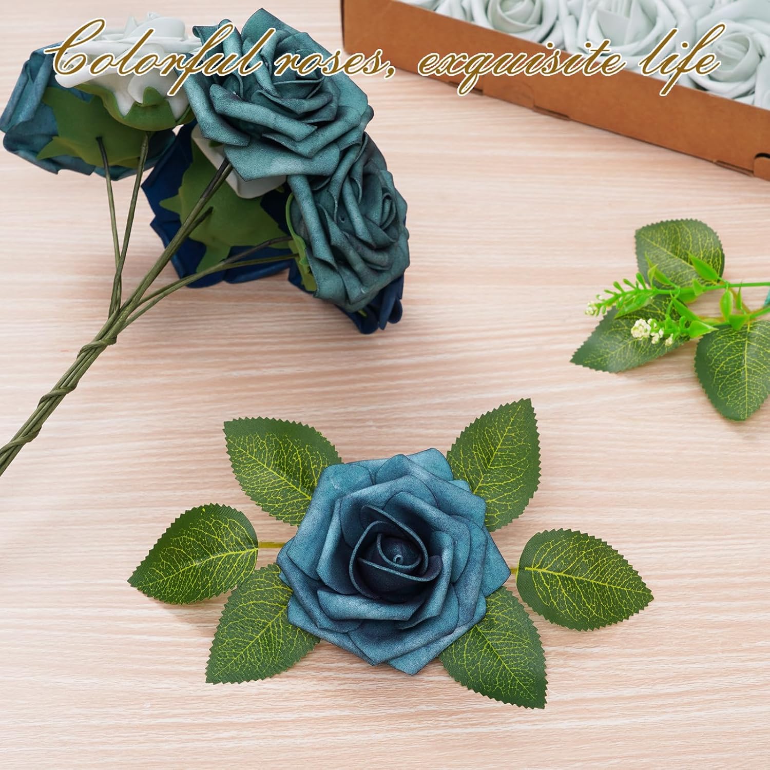 BLEUM CADE 16Pcs Artificial Flowers Fake Roses with Stems, Gradient Misty Blue Boxed Foam Roses for DIY Bouquets Centerpieces Wedding Party Arrangement Bridal Shower Decor - Image 2