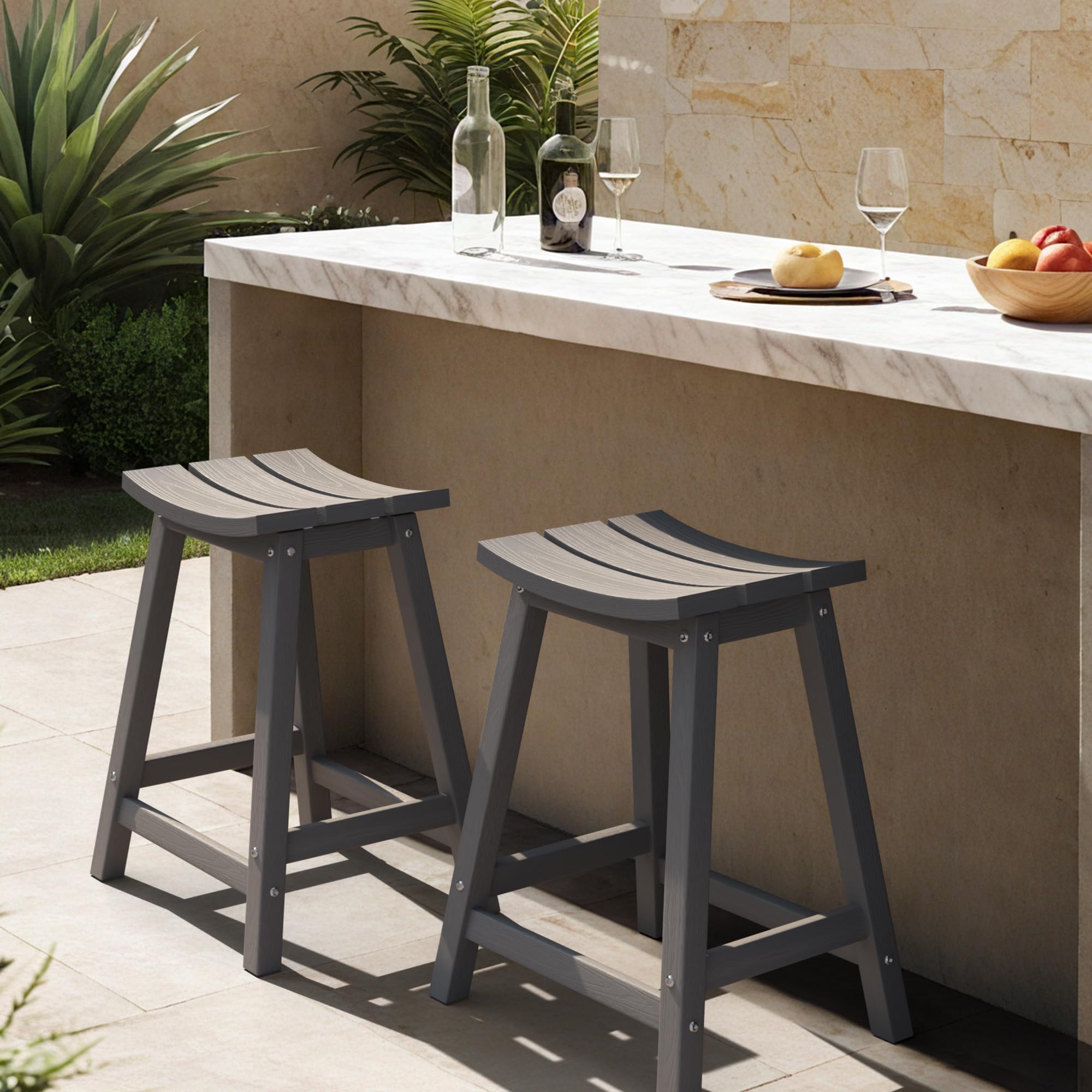 Ciokea 24" Outdoor Counter Height Bar Stools Set of 2, HDPE, Grey
