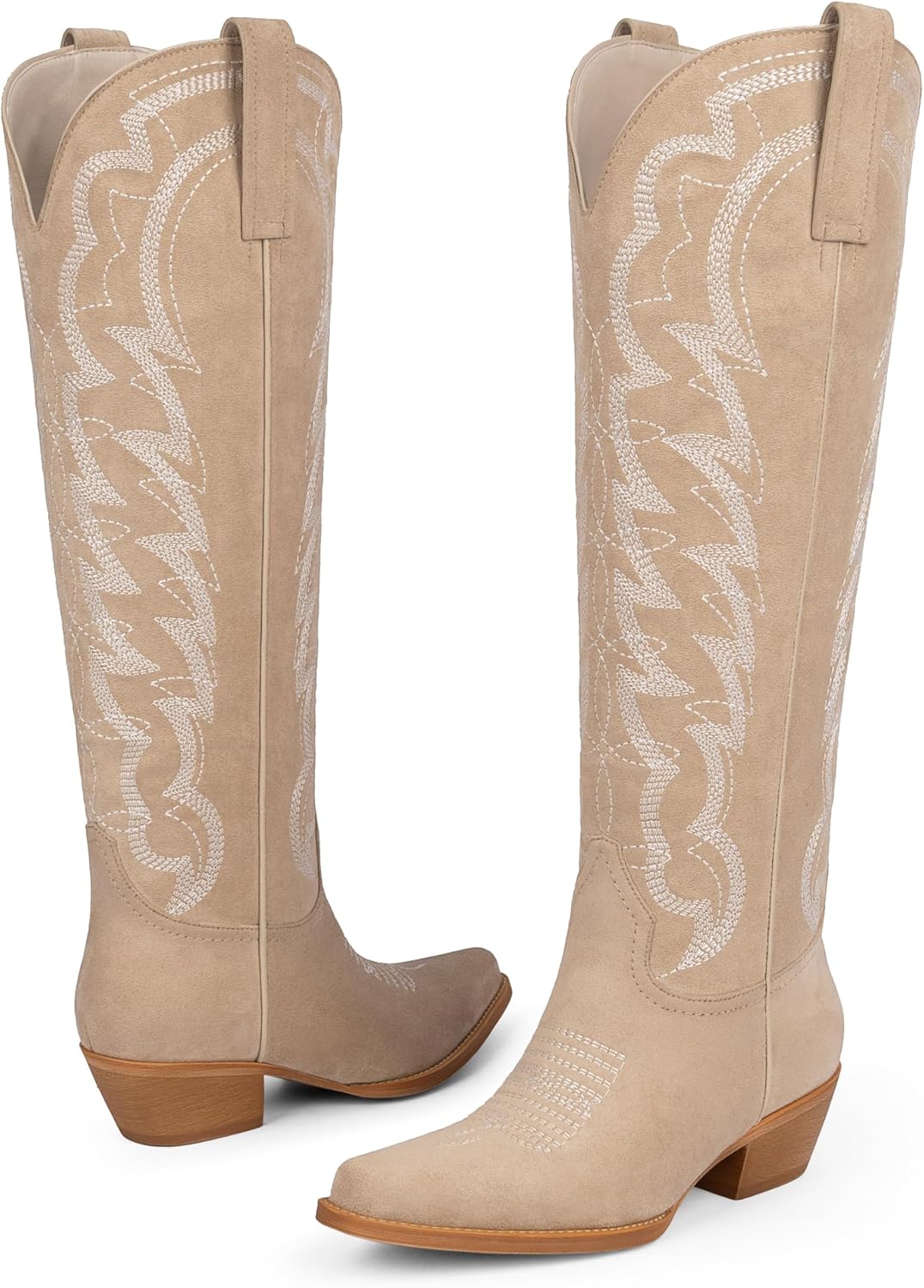 Modatope Cowboy Knee High Boots for Women Pointed Toe Chunky Heel Embroidered Wide Calf Cowgirl Boots Women Pull on Western Boots - Image 6