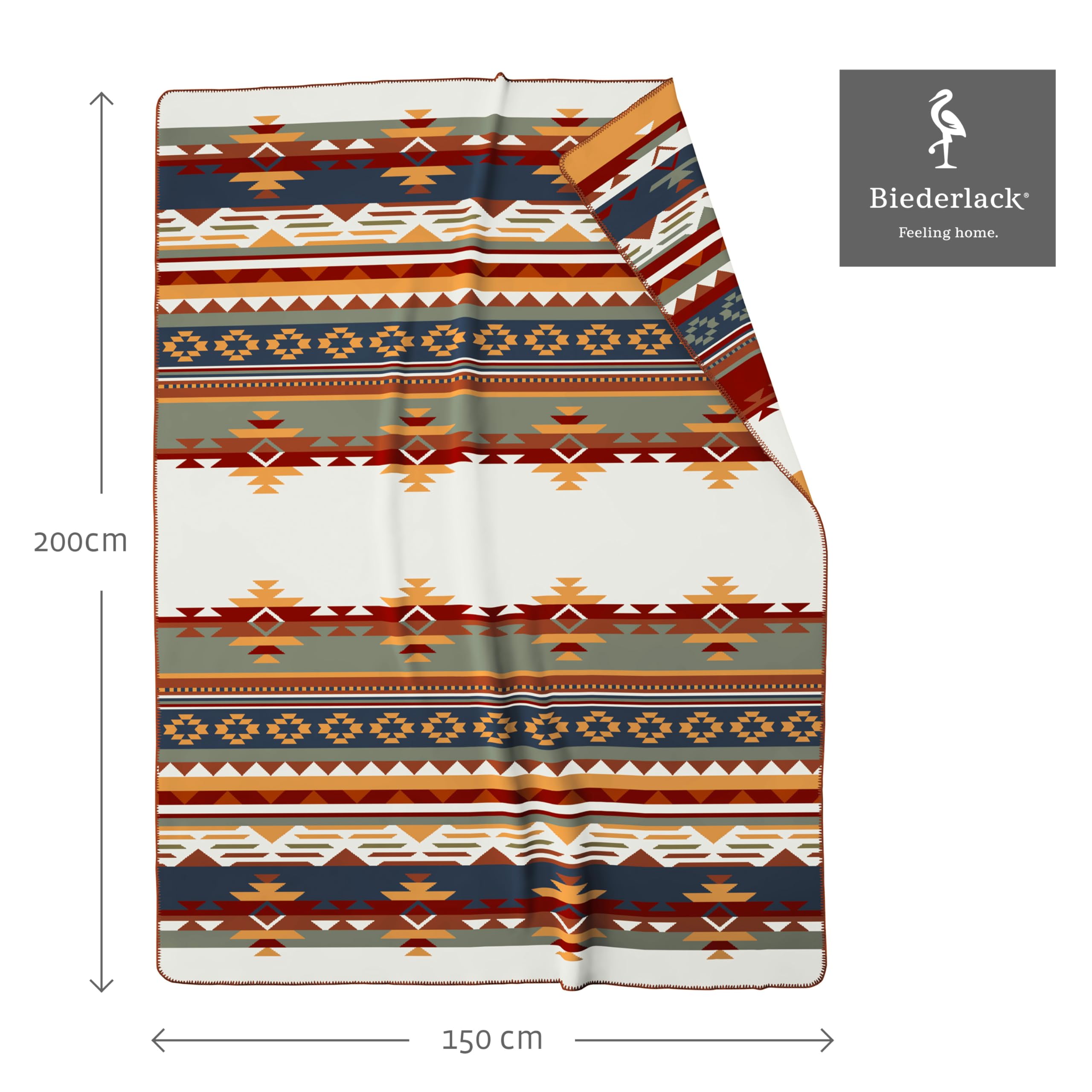 biederlack weiche Kuscheldecke 'Pueblo', Bunte Sofadecke in 150x200 cm | Made in Germany, Ethno Wohndecke in blau-gelb-grün-Natur, Tages-Decke aus Baumwoll-Mischgewebe, OKEO-TEX Made in Green