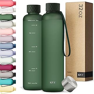 KIVY Slim Water Bottle 32oz [Lightweight & Shatterproof] Fits Backpack & Cupholder for Travel, Sports, School, Gym - Dark green - Gym water bottle screw top - Dishwasher Safe