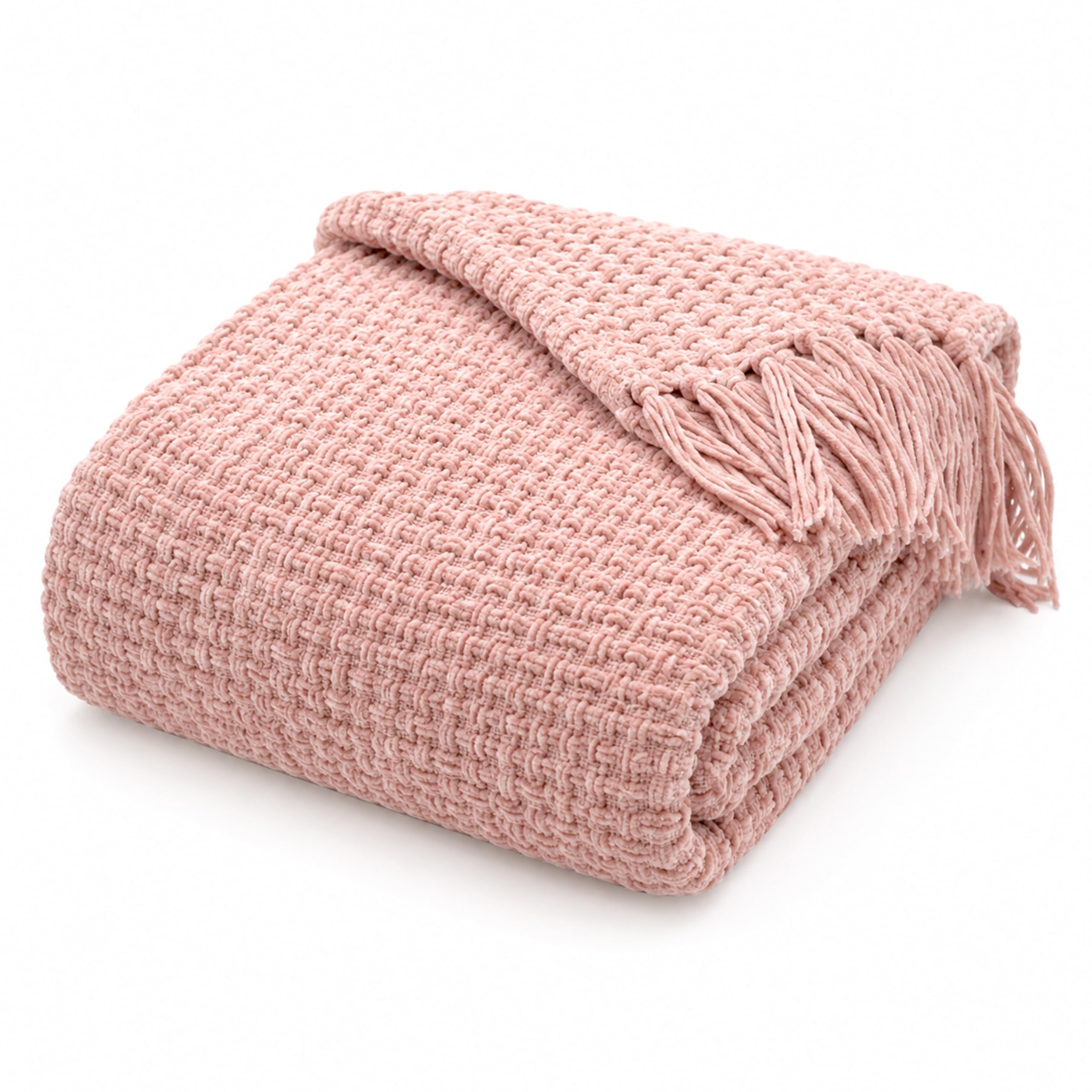Olivia Rocco Box Stitch Chenille Throw Blanket Soft Warm Chunky Blanket Throws for Sofa Chairs Couch Bed 130 x 170 cm, Blush Pink