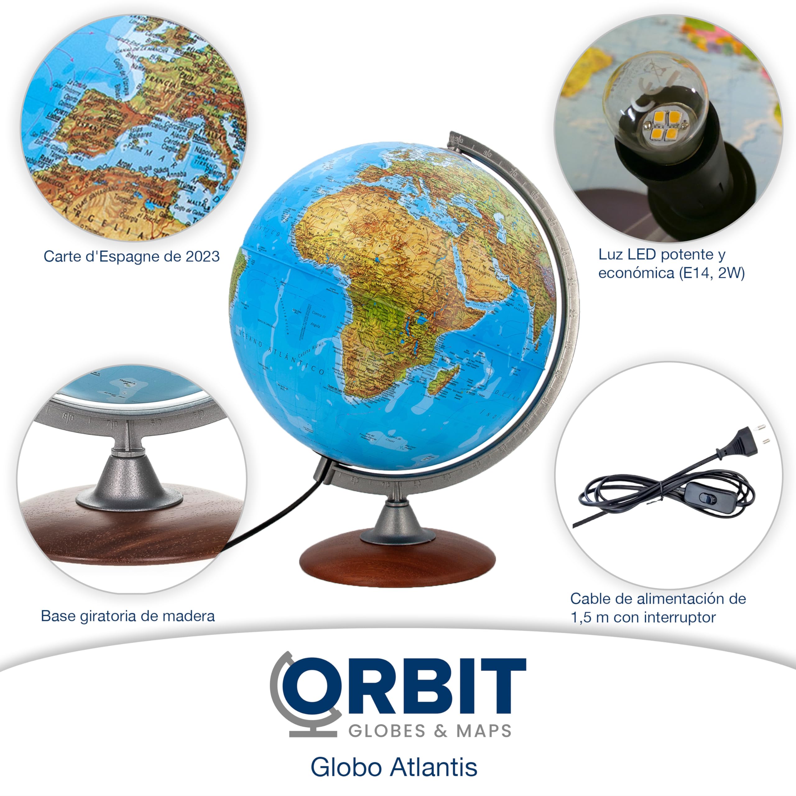 :Globo terráqueo Iluminado. Pie de Madera - con lámpara LED