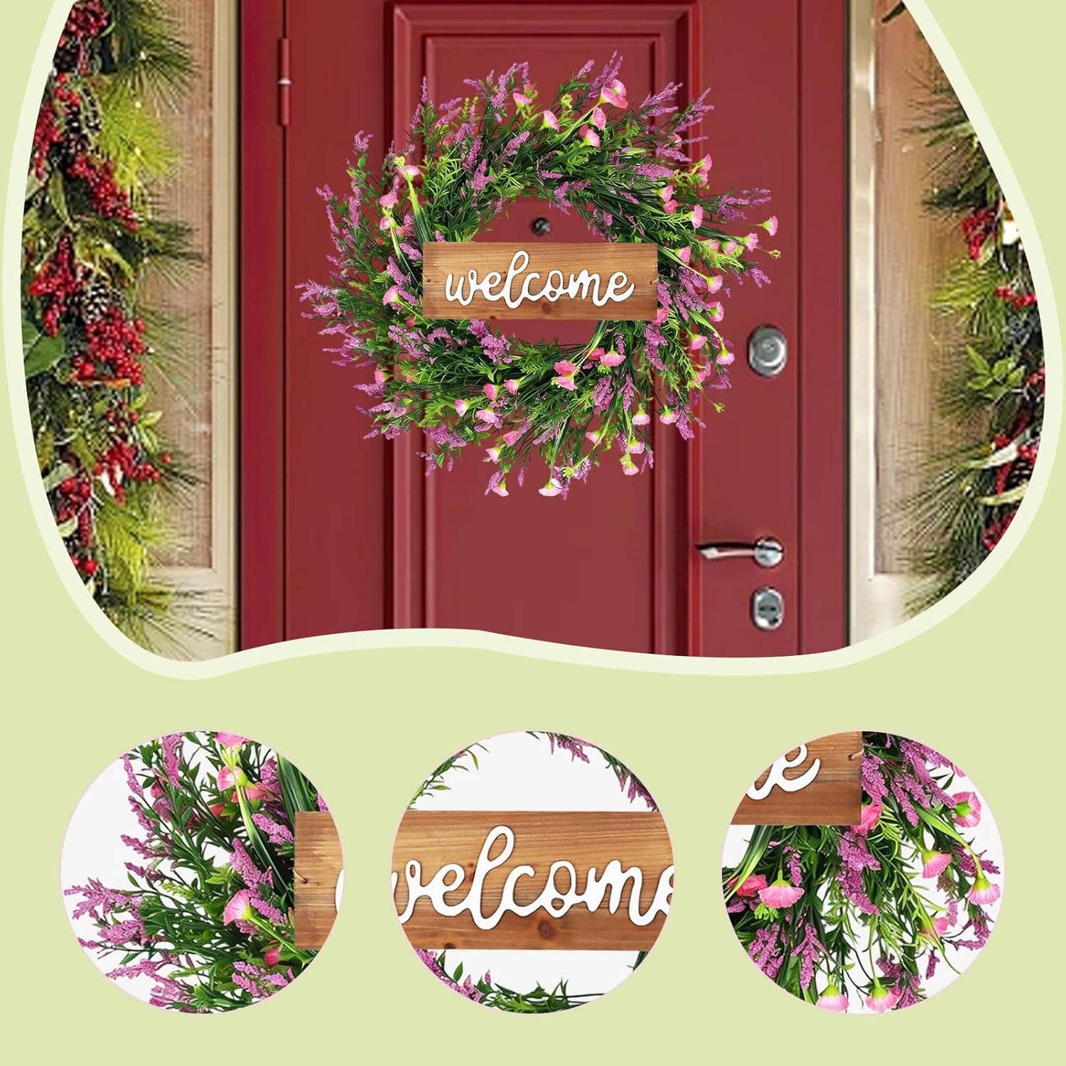 Summer Wreath Decorative Lavender Garland Artificial Greenery Wooden Letter Sign Flower Hanging for Home Suitable for Window Fireplace Party, Pink