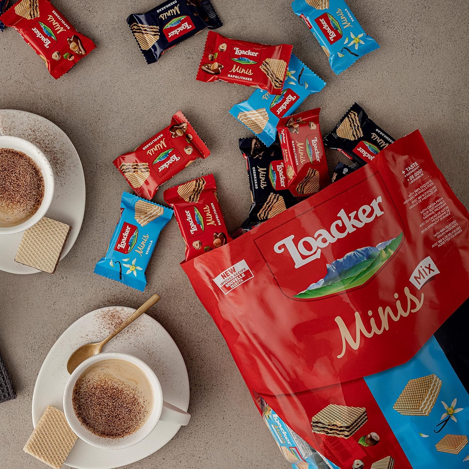 Loacker Party Pack XL, Mix di Mini Wafer Classic con Crema al Cioccolato, Nocciola e Vaniglia, 3 Varietà in 80 monoporzioni Minis, Confezione Convenienza da 800g