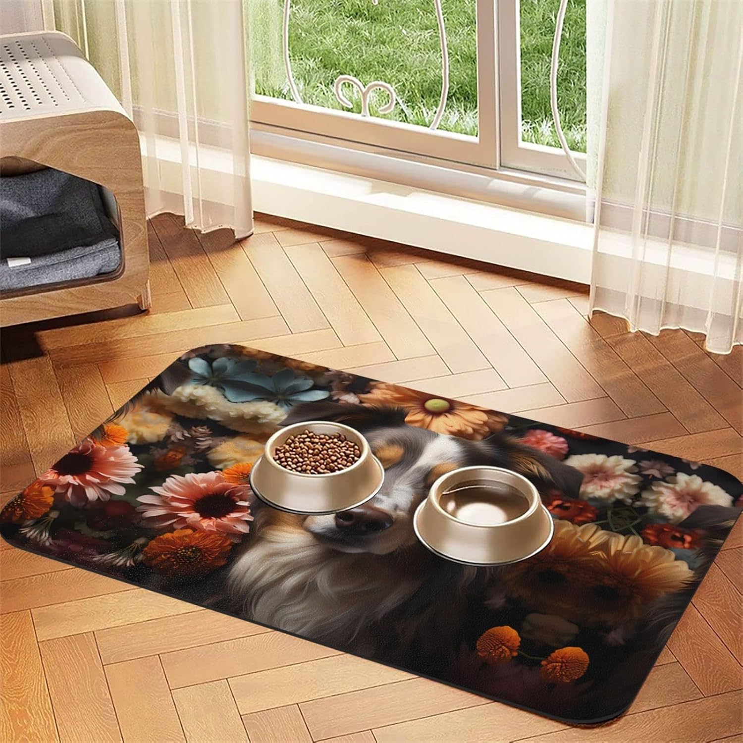 40x60cm Pet Absorbent Feeding Mat - Cute Dog with Flowers Print Leather Non-Slip Placemat, for Dog Cat Food and Water Bowl Pads