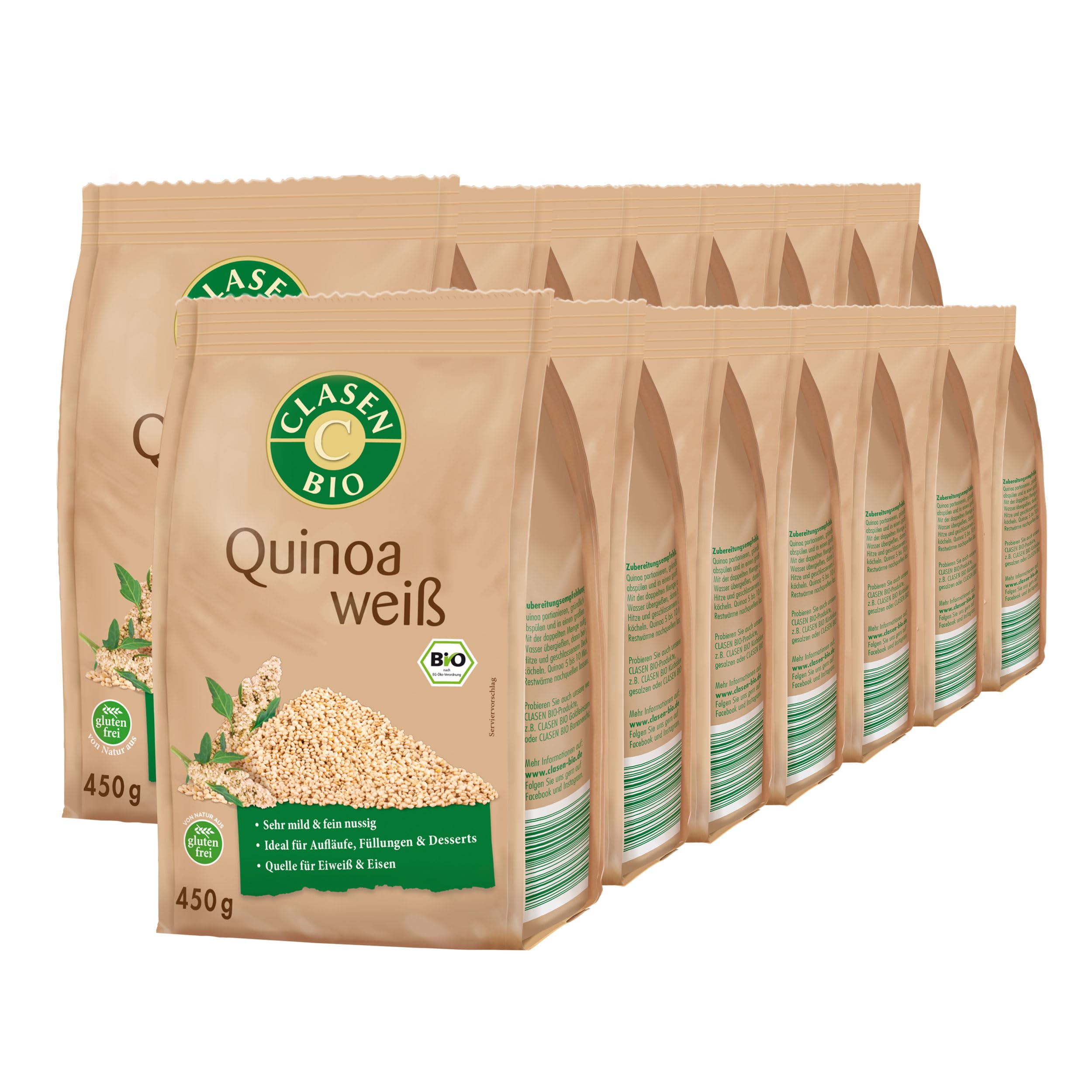 14x CLASEN BIO Quinoa, weiß - Fairtrade, von Natur aus vegan und glutenfrei, biologischer Anbau - 450 g