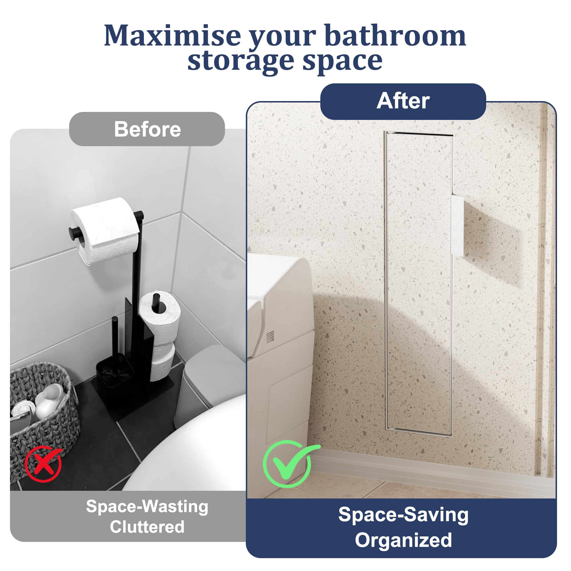 Neodrain Unterputz Toilettenpapierhalter Edelstahl Badezimmerschrank Schwarz mit Ablage für Toilettenpapier Aufbewahrung & WC Bürstengarnitur, 67 x 19 x 15 cm