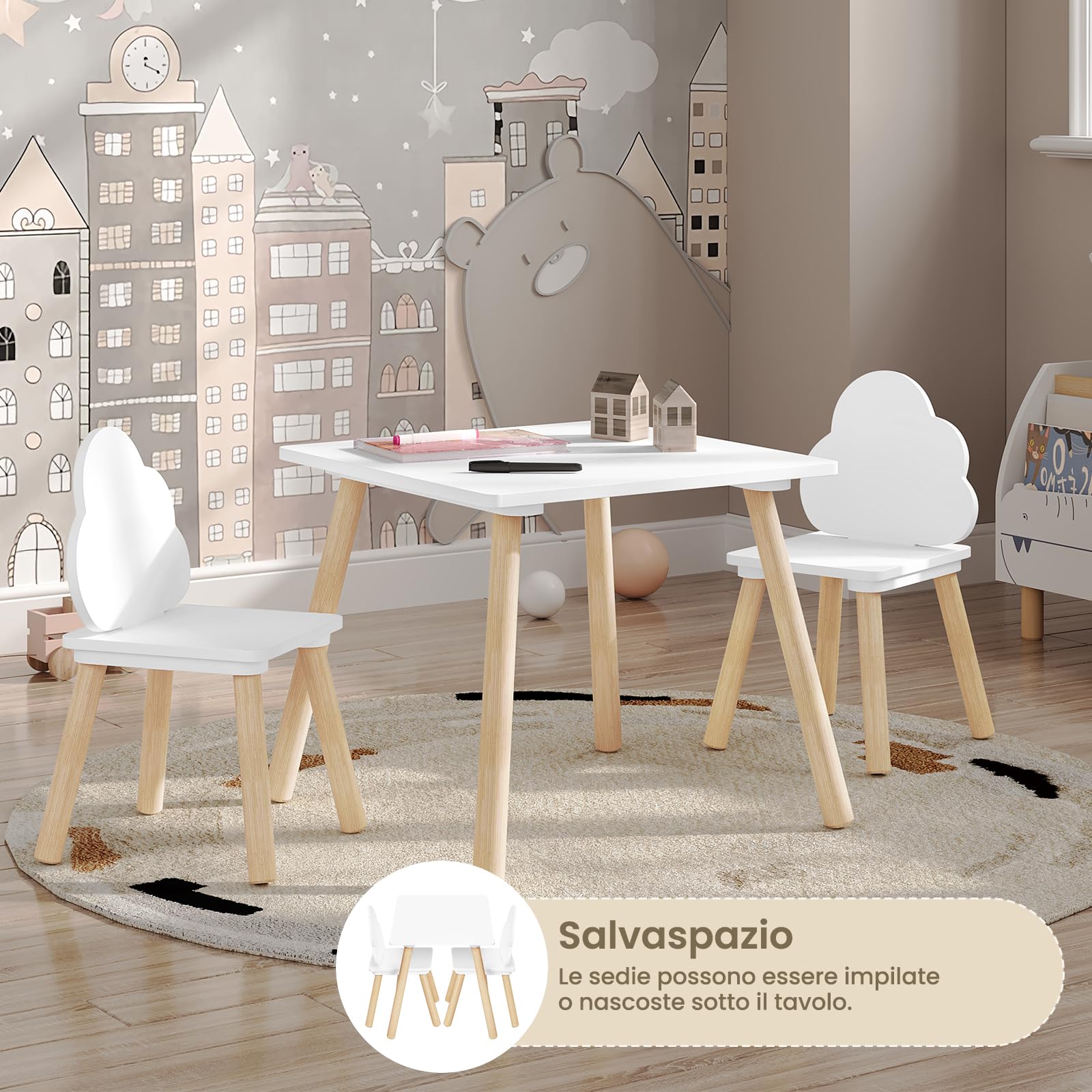 WOLTU Set di Tavolo e Sedie per Bambini a 3 Pezzi, Tavolino Bambini con Sedie Montessori, Tavolo in Legno e 2 Sedie, per Cameretta, Camera da Letto, Bianco