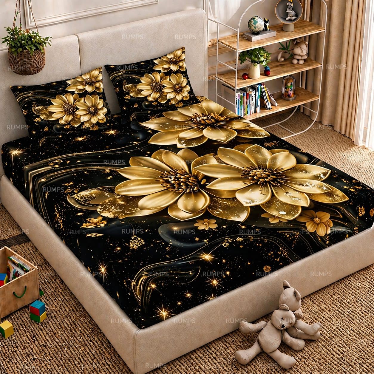 RUMPS 7D Digital Golden Floral Bedsheet with 2 Pillow Covers, King Size Flat Bedsheet 90x100 Inch, Luxury Flower Printed Bedsheet