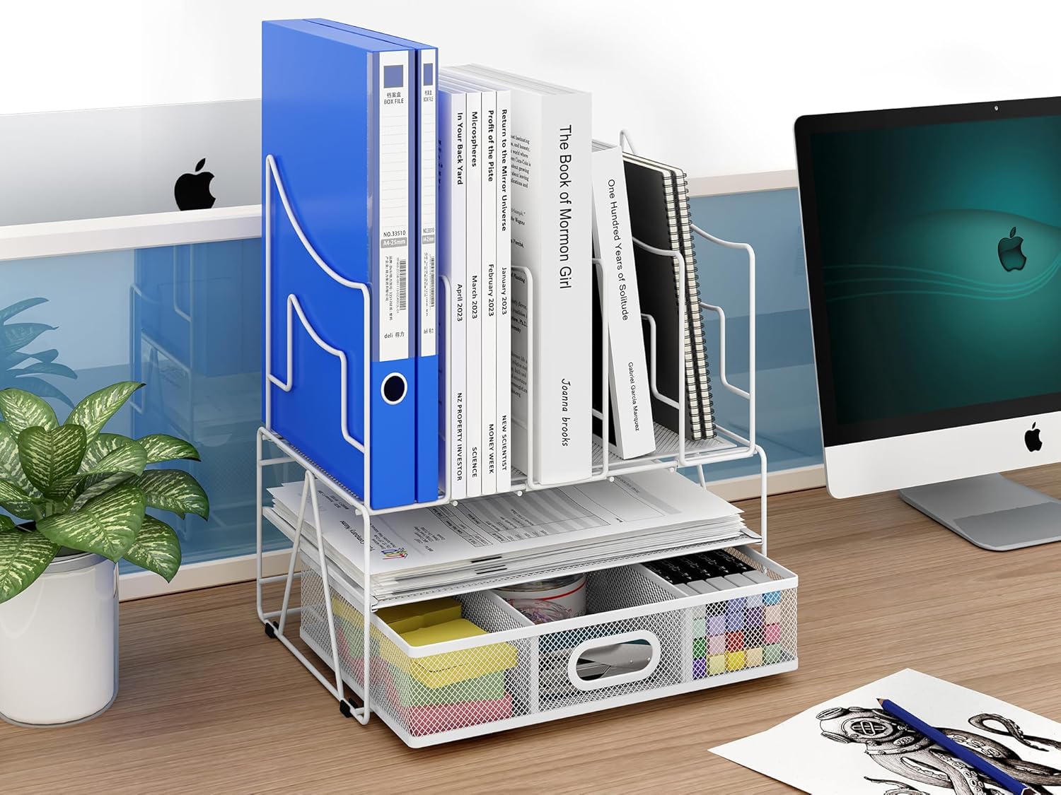 EasyPAG 3 Tier Desktop A4 Office Mesh Desk Tidy File Holder Paper Organiser Magazine Storage Filing Rack with Stationery Drawer,White 7 81oDC3nR4eL. AC SL1500