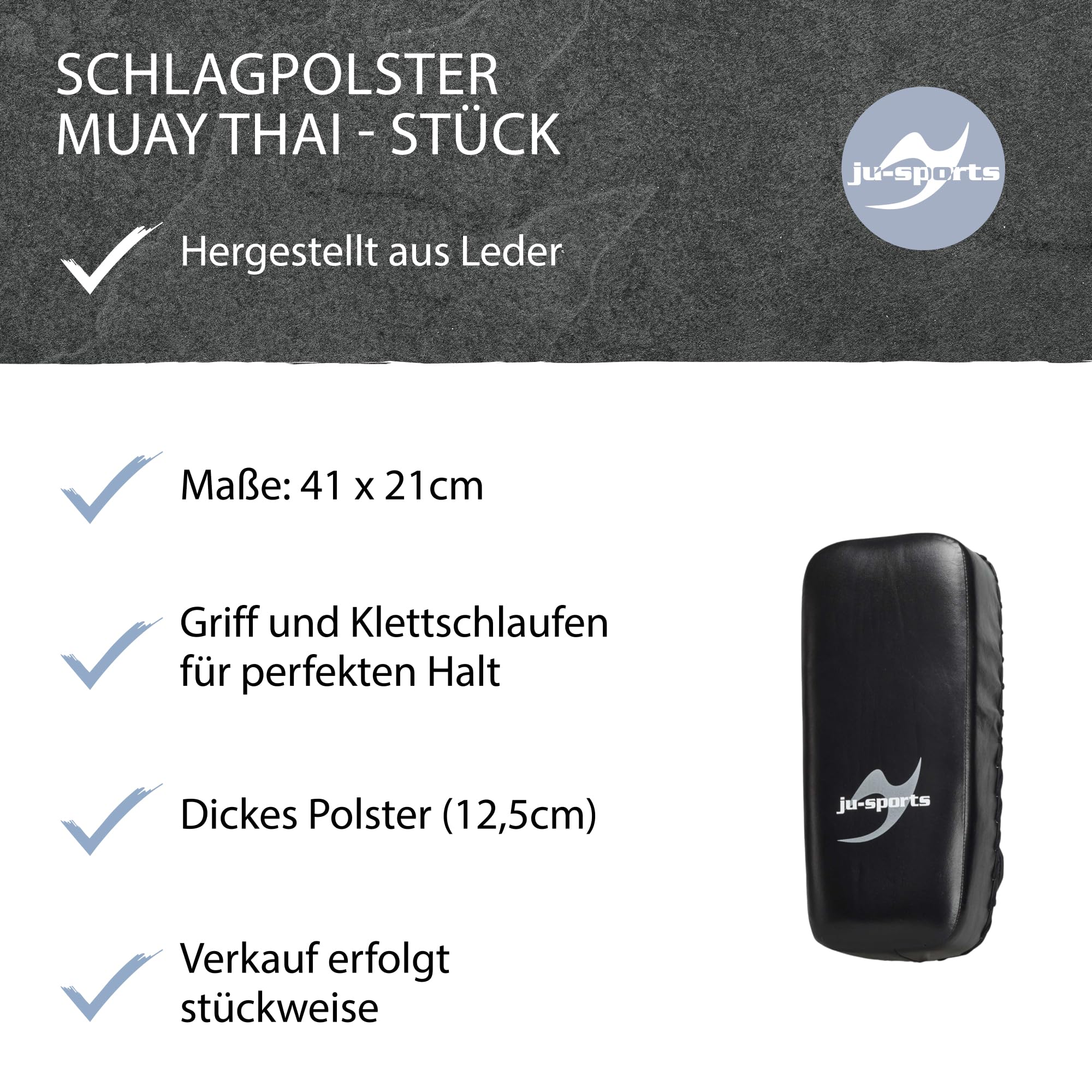 Ju-Sports Schlagpolster Kampfsport Muay Thai 1 STK. I Große Pratze aus Leder ideal zum Trainieren von Kicks I 2 Klettschlaufen für Halt I 41x21x12,5cm