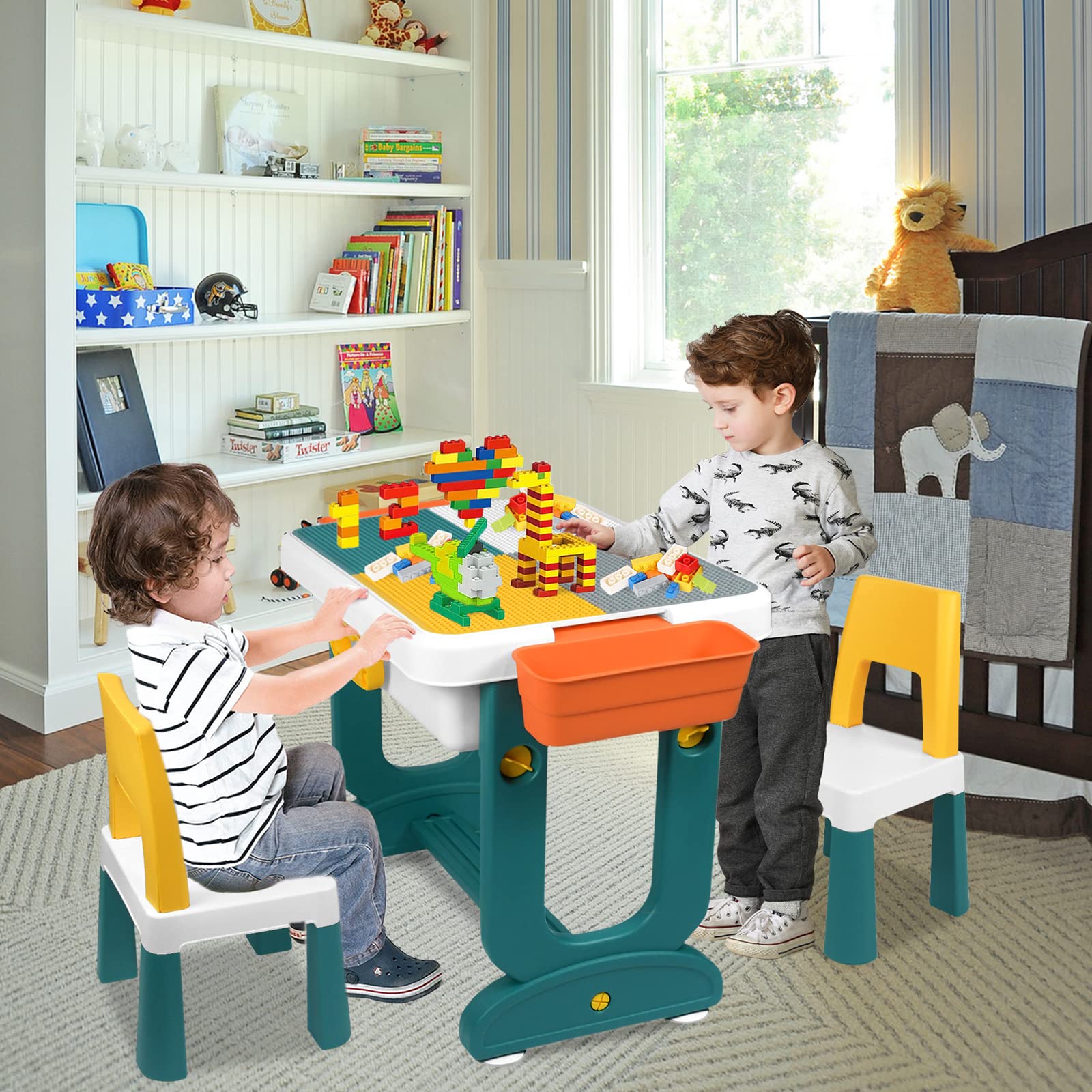 Mesa Infantil con sillas, Juego 5 en 1, Mesa para niños, Mesa de Juegos con 1 sillas, Mesa de Doble Cara, Altura Ajustable, Espacio de Almacenamiento Multifuncional para niños