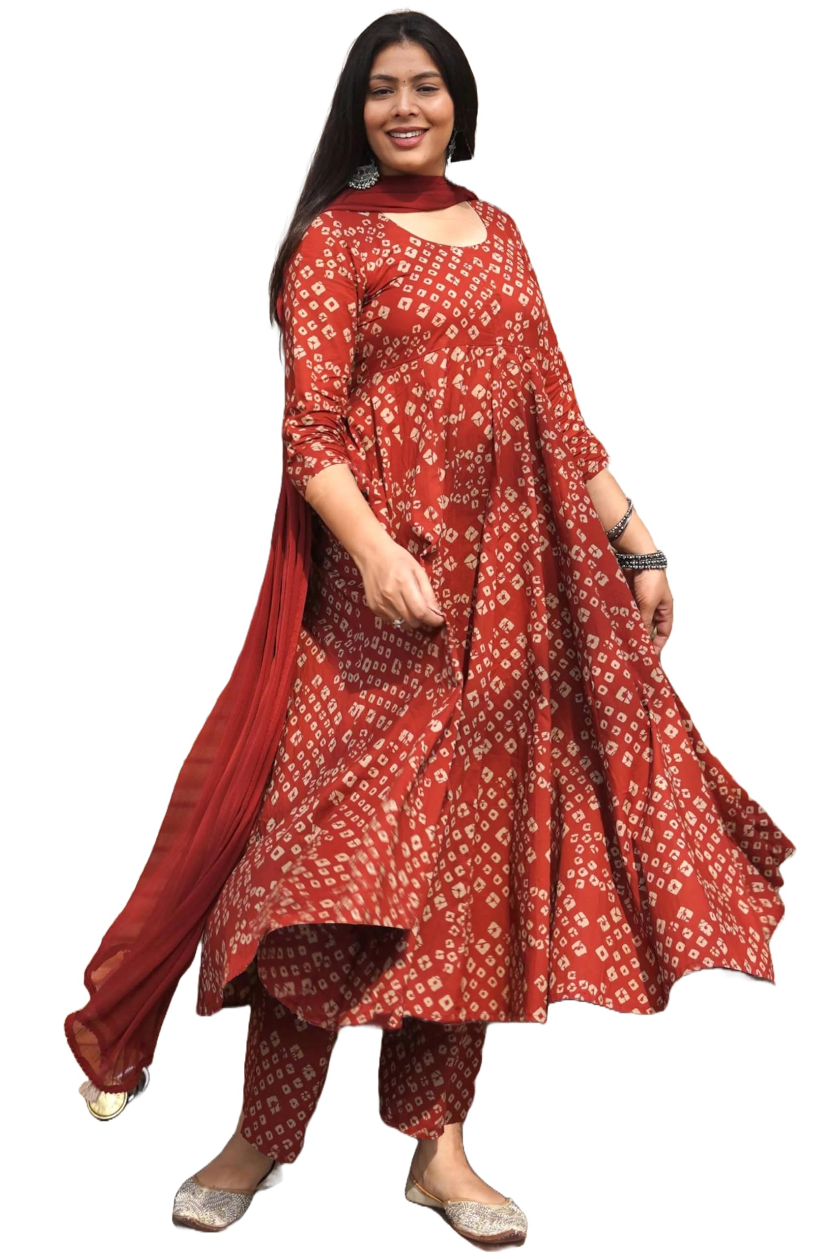 ANNI DESIGNER Bandhej Anarkali Kurta Ensemble de 3 pièces en coton mélangé pour femme, marron et bleu Palace & Dupatta Ensemble de vêtements ethniques, vêtements festifs | Ensemble Kurta imprimé par
