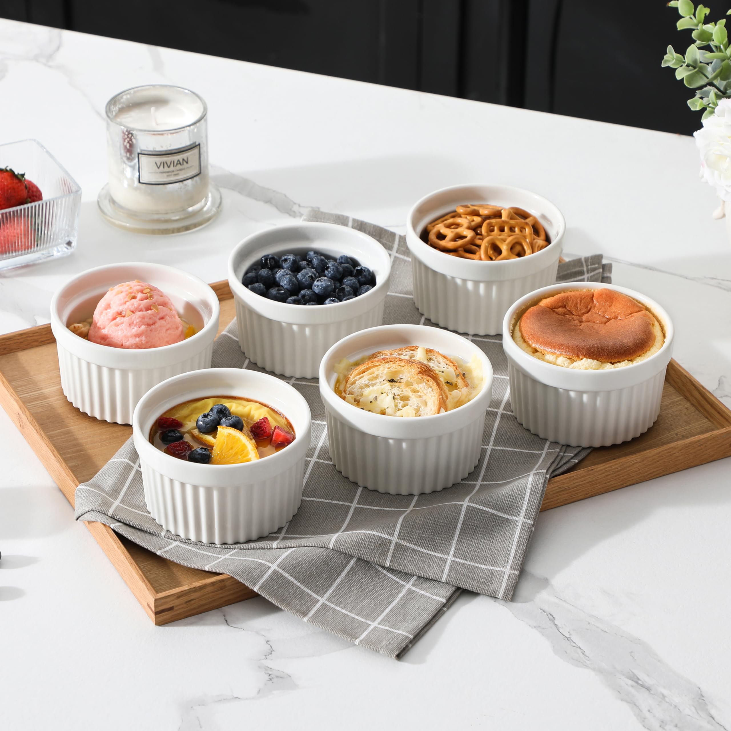 MALACASA Lot de 6 Petit Ramequins Four en Porcelaine, Ramequins Individuels en Céramique pour Soufflés Crème Brulée Muffins Cupcakes Puddings, 320ml, Blanc Ivoire
