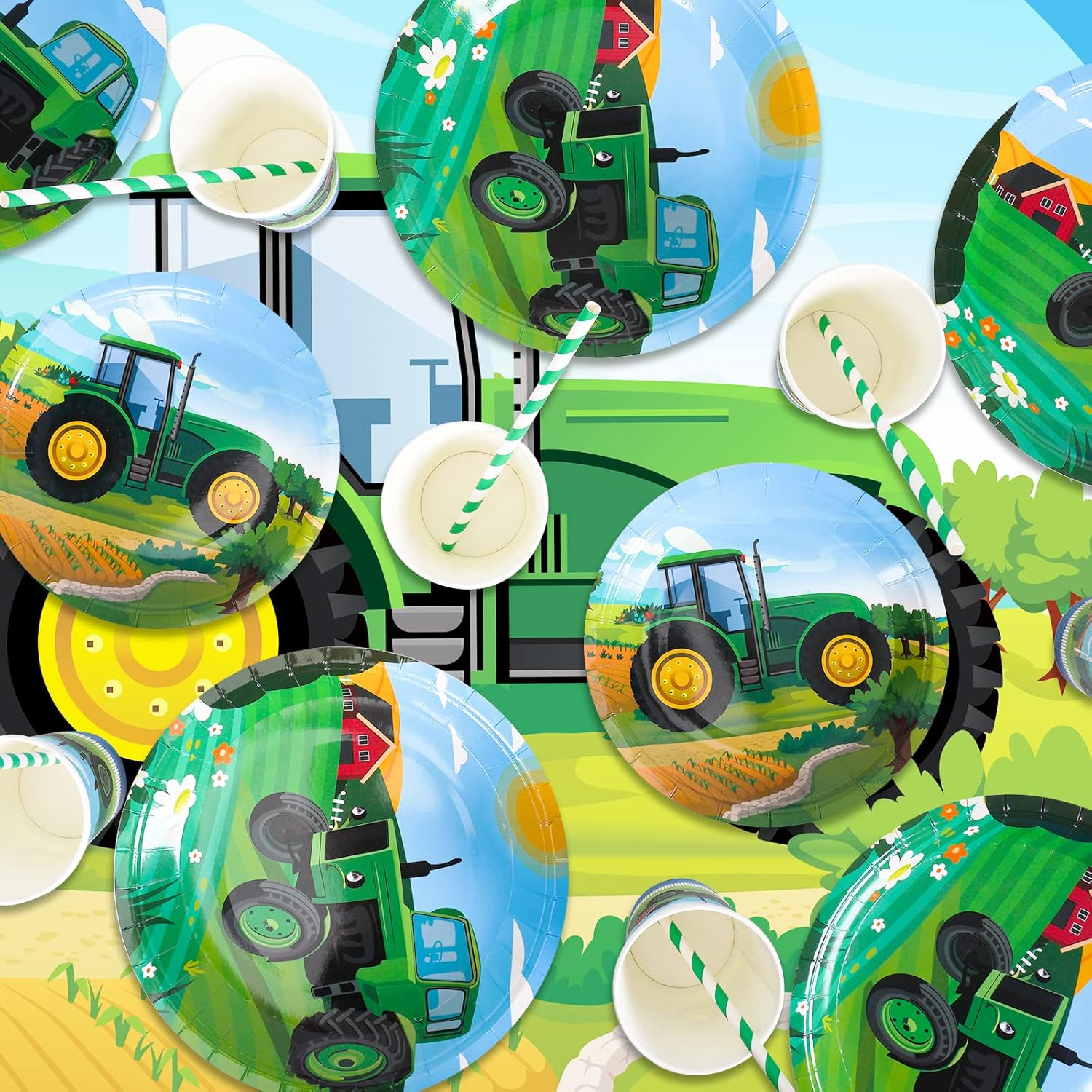 Tractor Party Supplies, Green Farm Tractor Theme Tableware Kit Including Plates, Cups, Straws Napkins for Tractor Kids Birthday Baby Shower Decor - Serves 16 Guests