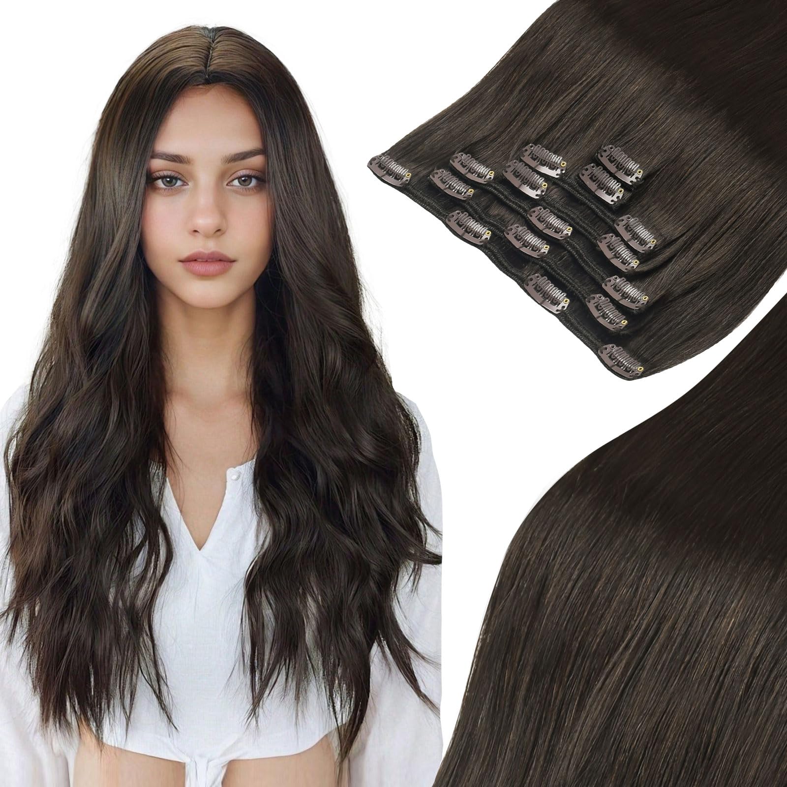 MEI YUAN LIN Clip In Human Hair Extensions 120g 7pcs 18 Inch Dark Brown Natural Hair Extensions Real Human Hair Silky Long Straight For Women
