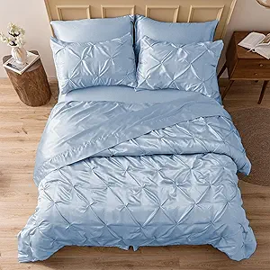 MR&HM Satin Comforter King 7 Pieces - Luxurious Pinch Pleat Bedding Set with Comforter, Flat Sheet, Fitted Sheet, Pillowcases & Shams, Super Silky Soft Bed Set for All Season (King, Blue Haze)