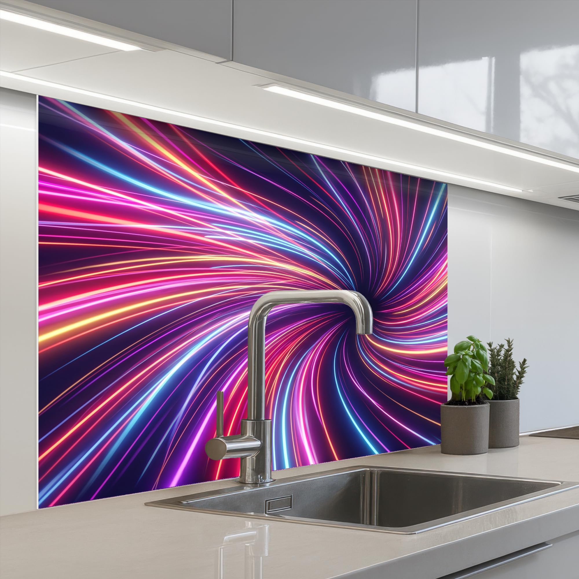 KitchenYeah© Paraschizzi Cucina Adesivo 80x100 cm Pannello Parete Paraspruzzi Muro Decorativo Astratto - Vortice - Futuristico - Neon