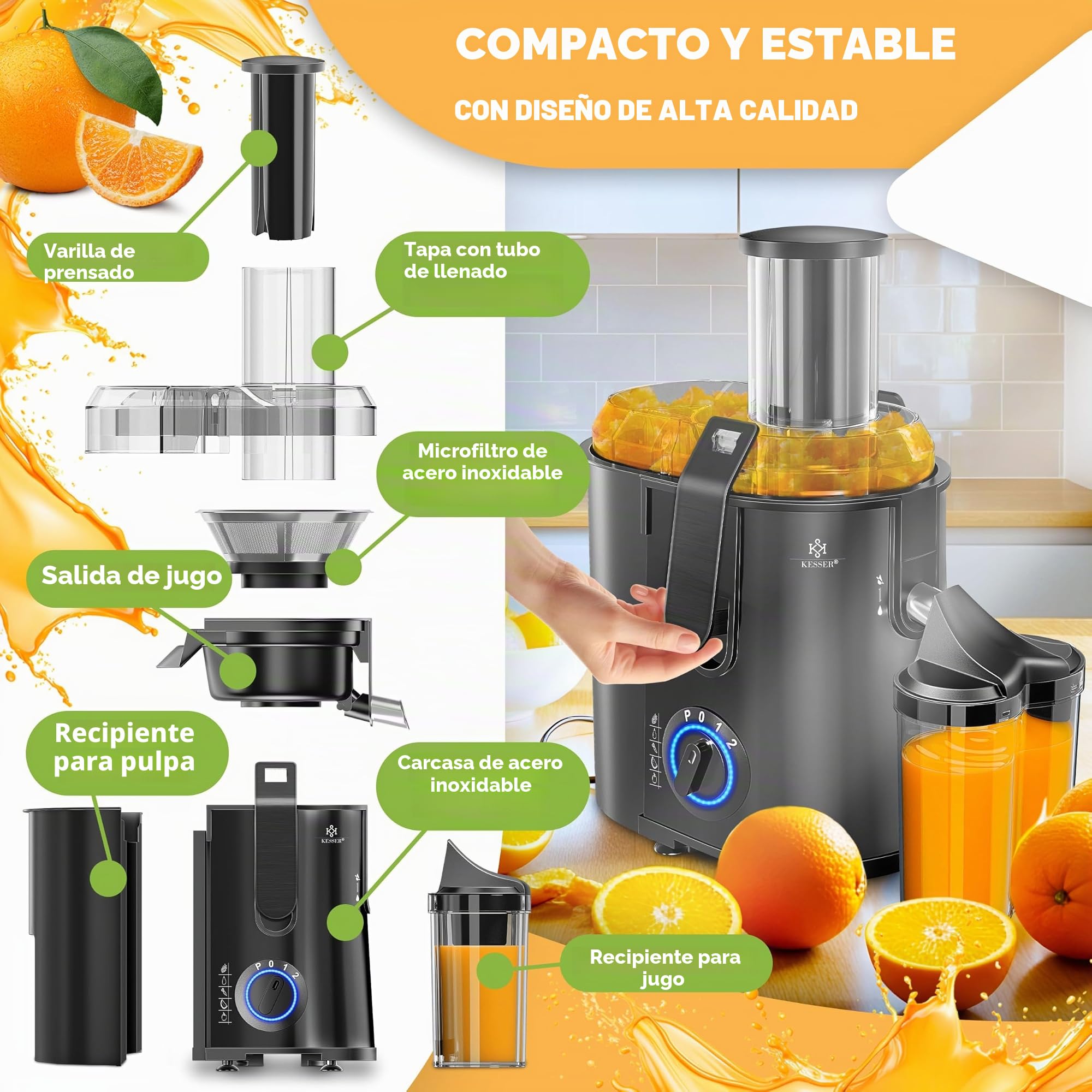 KESSER® Exprimidor para fruta y verdura, de acero inoxidable 1100W, 85 mm de abertura de llenado, incl. cepillo de limpieza y recipiente para zumo, 3 ajustes de velocidad, Exprimidor, Negro
