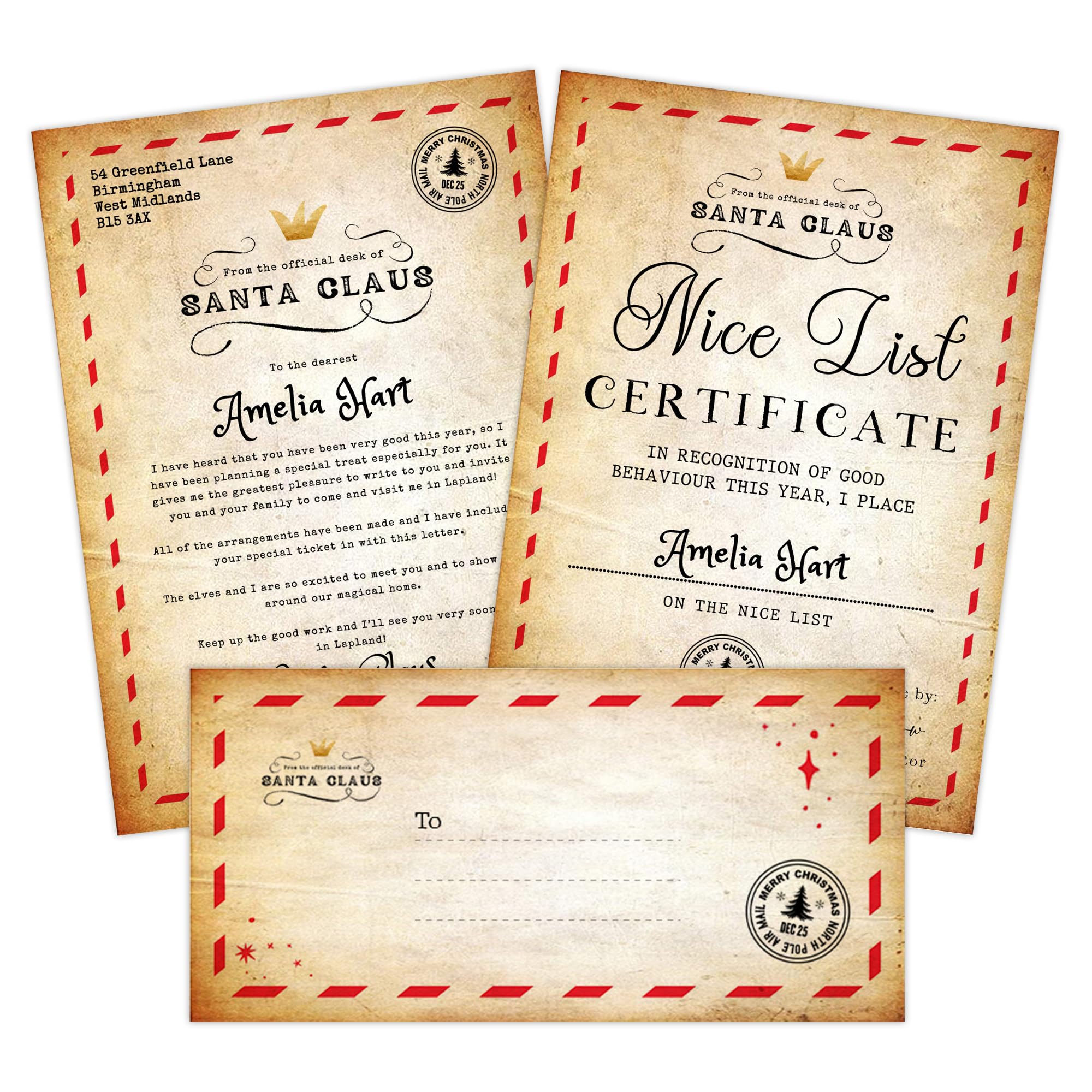Print Maniacs Personalised Handmade Official Letter from Santa with Nice List Certificate & Christmas Wish List - Children/Kids