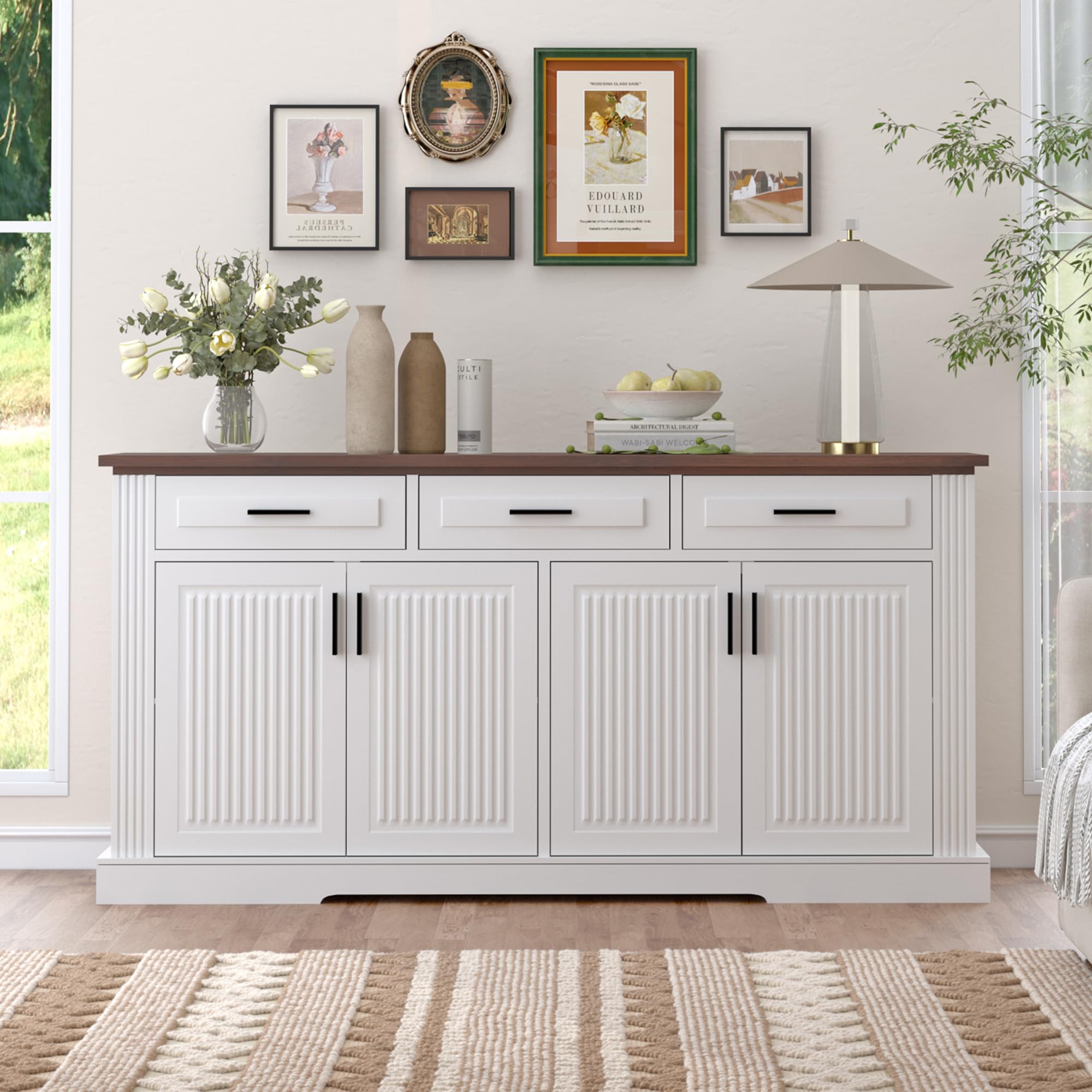 Karzibo 63" Fluted Sideboard Buffet with 4 Doors & 3 Drawers, Large Modern Farmhouse Accent Credenza with Adjustable Shelves for Kitchen, Dining Room,