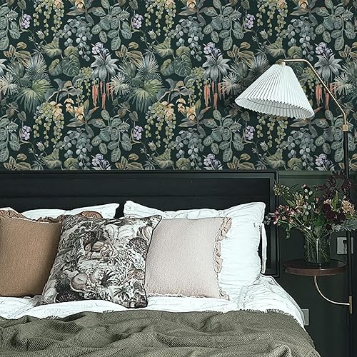 Vista 15 de Ismoon Papel tapiz verde para despegar y pegar, diseño bohemio floral y hojas en papel adhesivo grueso, papel adhesivo botánico oscuro, extraíble
