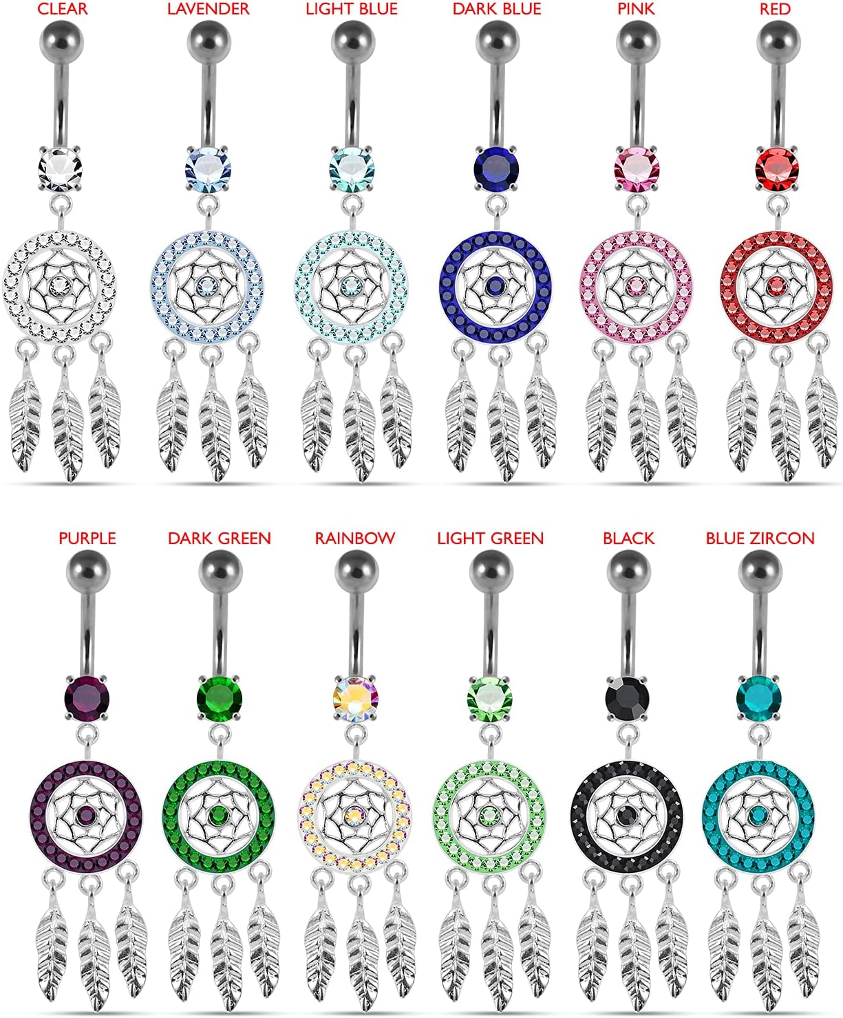 Multi Crystal Gemstones Mini Dream Catcher Dangling Design 925 Sterling Silver with Stainless Steel Belly Ring - Belly Button jewelry - Navel jewelry