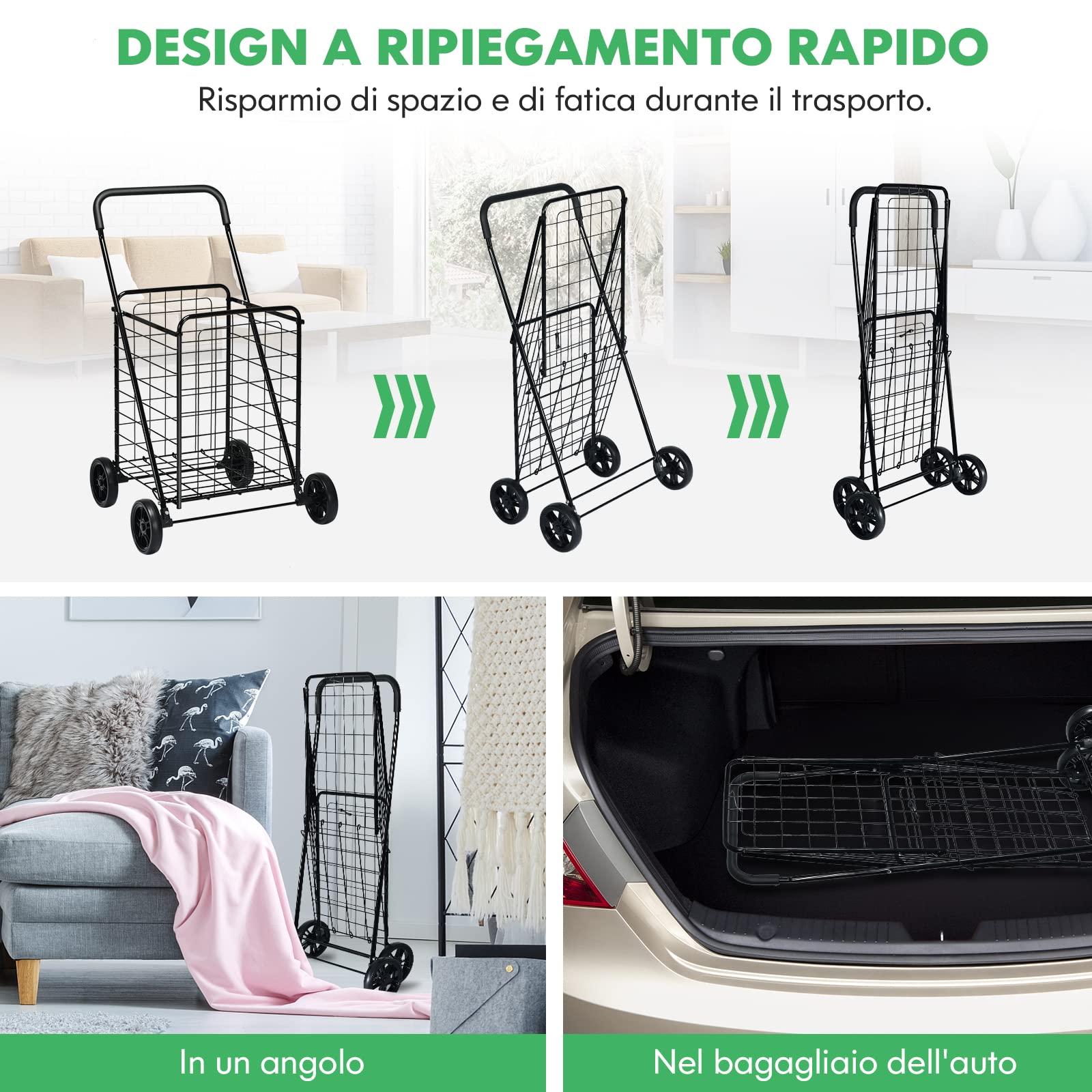 GYMAX Carrello Porta Spesa, Trolley Pieghevole a 4 Ruote, Carico di 45 kg, Capacità di 83 L, Cestino in Metallo, Bracciolo Antiscivolo, Compatto e Salvasapzio(M, Nero)