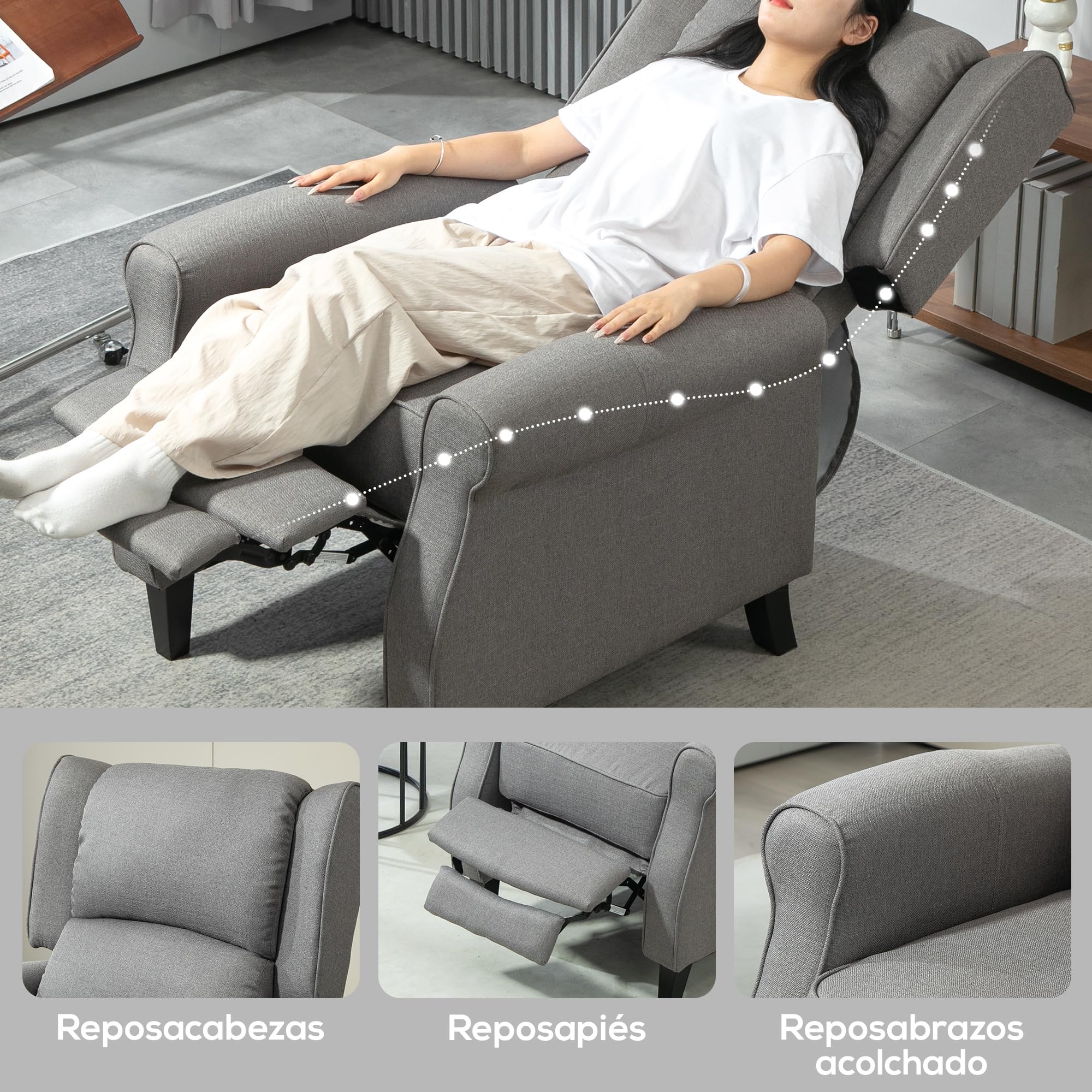 HOMCOM Sillón Relax Reclinable Manual Sillón Relax Tapizado en Lino Sintético con Reposapiés Retráctil Carga 150 kg Sillón Reclinable para Dormitorio Oficina Gris