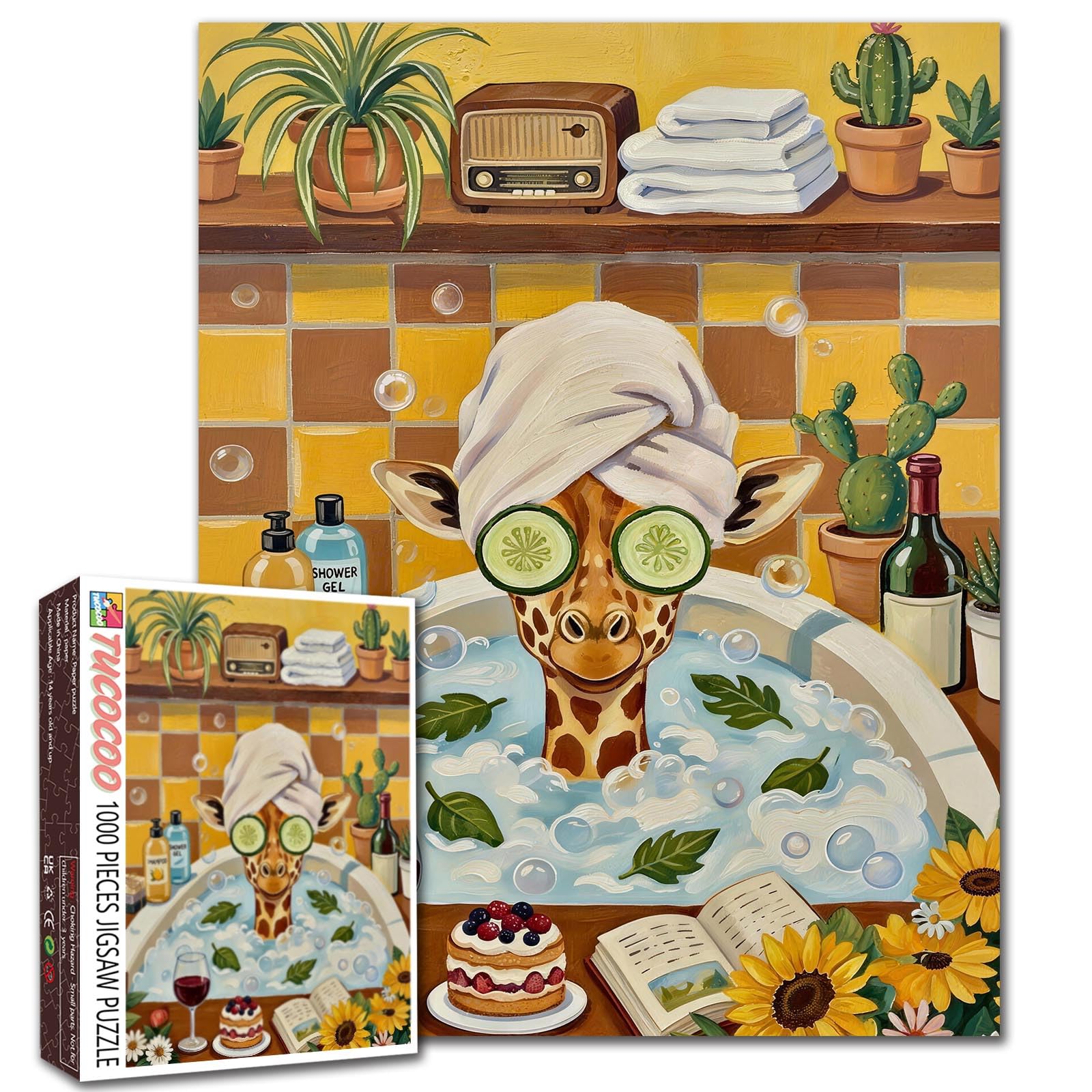 Funny Giraffe Puzzle 1000 Pieces for Adults Animal Bath Jigsaw Puzzle 19.7 x 27.6 Inches Relaxing Spa Theme Colorful Picture Fun Challenge Puzzles Family Activity Gift for Adults Teens Home Decor — image 1