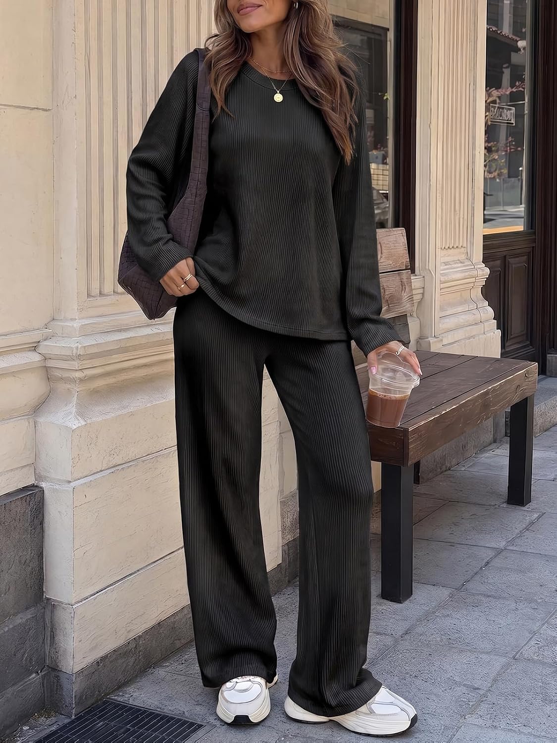 Fisoew Womens 2 Piece Outfits Oversized Ribbed Knit Tops Wide Leg Pant Sets