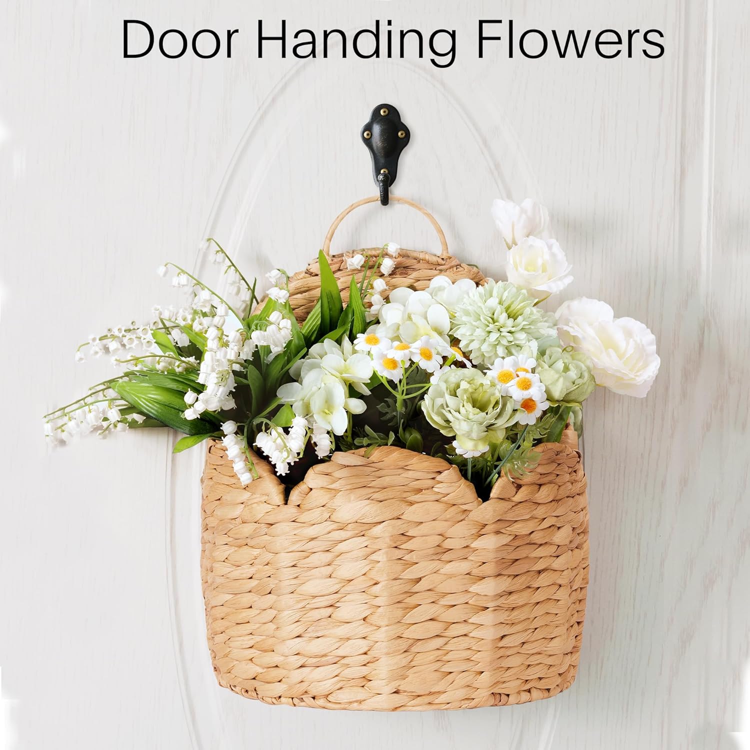 2 PC Door Basket Scalloped Hanging Storage Basket,Water Hyacinth Woven Wall Baskets for Front Door Decor, Hangable Storage Organize for Flowers,Planter,Mails,Wicker Baskets for Organizing Garden - L*2