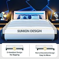 Vista 38 de WEEWAY Moderno marco de cama matrimonial con cabecera de luces LED RGBW, diseño de trineo tapizado de perfil bajo, soporte de listones de madera