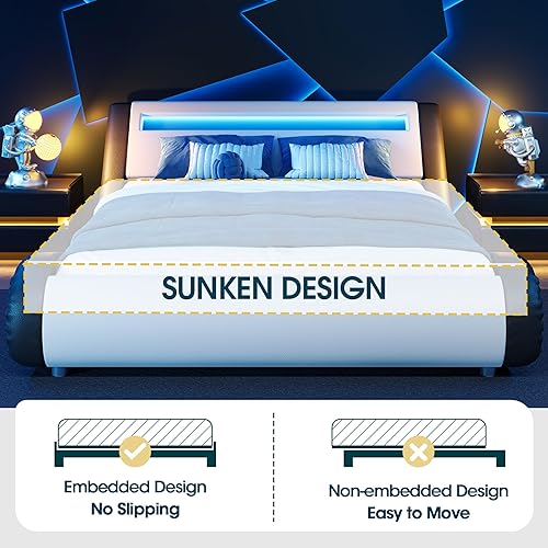 Miniatura 39 de WEEWAY Base de cama moderna tamaño Queen con cabecera de luces LED RGBW, diseño de trineo tapizado de perfil bajo, soporte de listones de madera