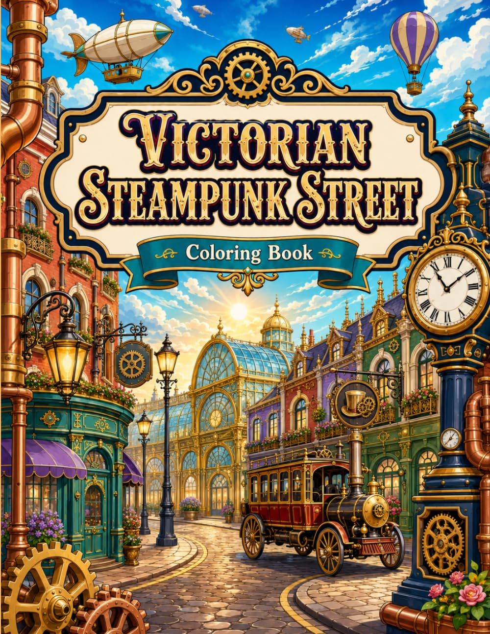 Victorian Steampunk Street Coloring Book: Vintage City Scenes, Airships, Clockwork Shops and Fantasy Architecture Coloring Pages