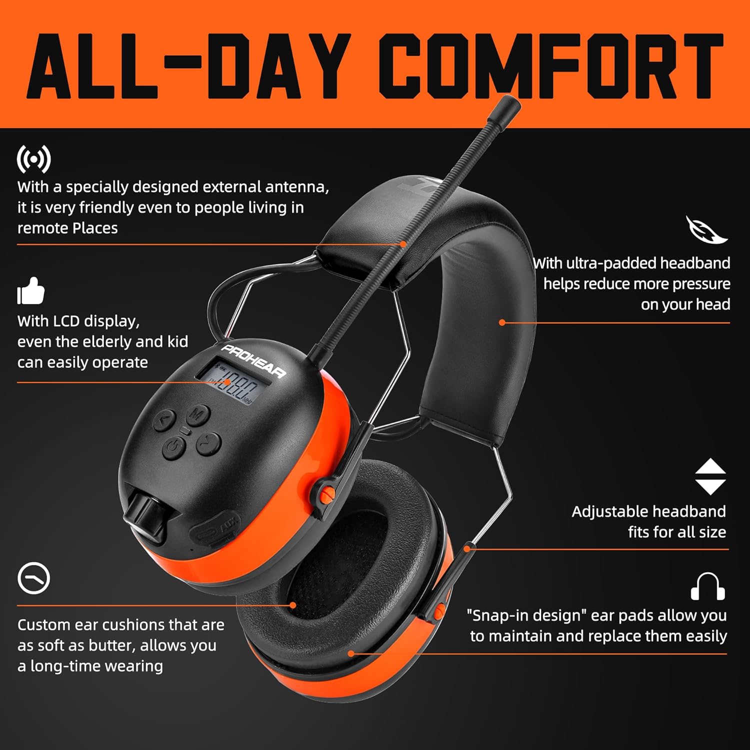 PROHEAR 033 2.0 Upgraded Bluetooth Hearing Protection AM FM Radio Headphones - 31SNR Noise Reduction Ear Muffs with Long-Lasting Stable Rechargeable Battery - 50 Hrs for Mowing Snowblowing - Orange - Image 4