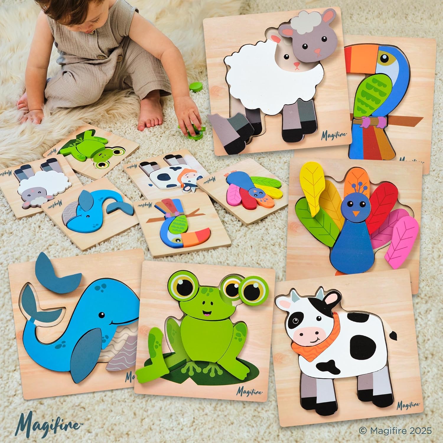 Magifire Wooden Puzzles, Set of 6 Puzzle Toys for Kids Toddlers 1–3, Baby Educational Animal Toys with Chunky Pieces & Bag for Easter - Whale, Peacock, Woodpecker, Cow, Sheep, Frog
