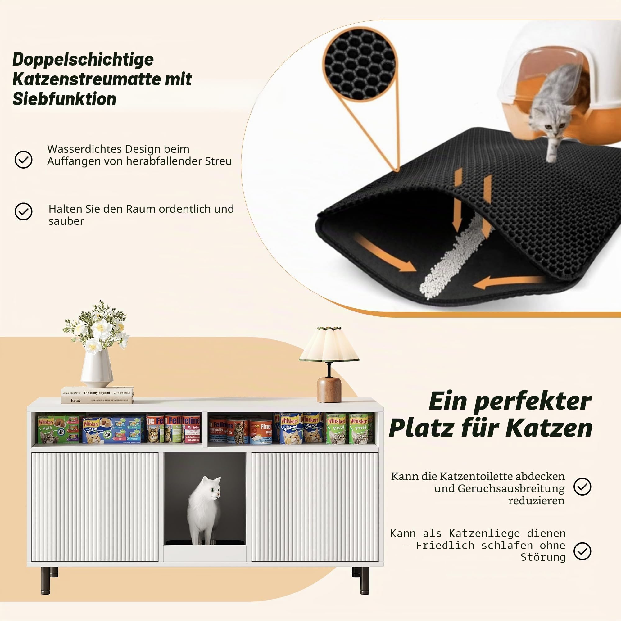 Katzentoiletten-Schrank/Katzenstreuwanne-Schrank mit Sandauffangmatte, Haustier-Schrank mit Ablage, Haustier-Sideboard/TV-Schrank, ohne Katzenstreuwanne, 120x50x66cm, Weiß