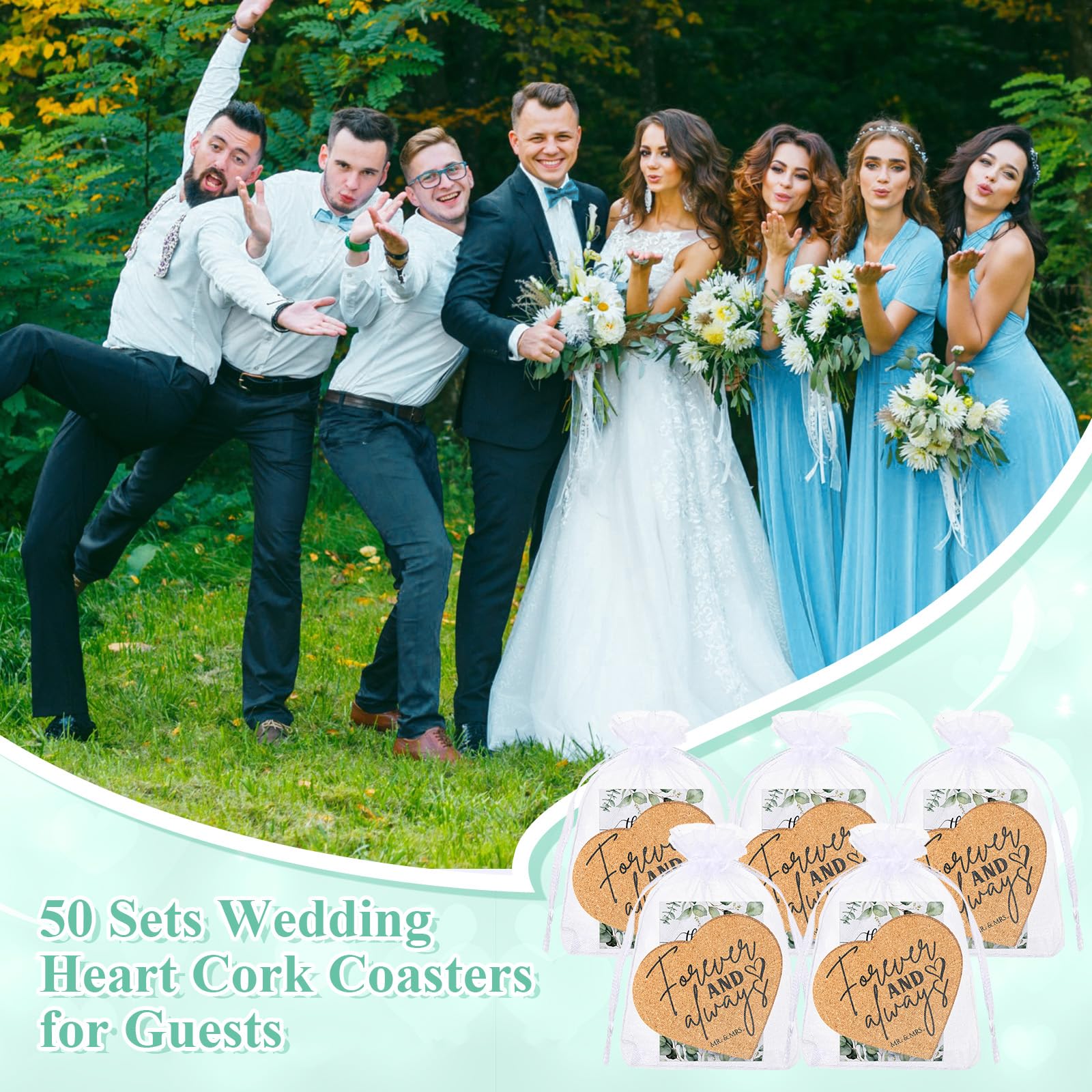 Uiifan Juego de 50 posavasos de corcho con forma de corazón para invitados, regalos de boda, tarjetas de agradecimiento a granel y bolsas de organza, regalos de despedida de soltera, recuerdos de