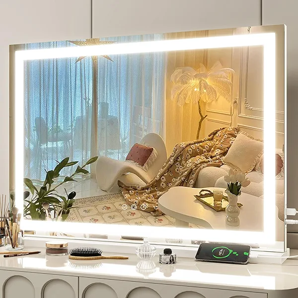 FENNIO Vanity Mirror with Lights 32"x22", Lighted Makeup Mirror, Large Vanity Mirror, Touch Sensor with 3-Color Lighting, USB Charging Port for Vanity Desk(Square White)