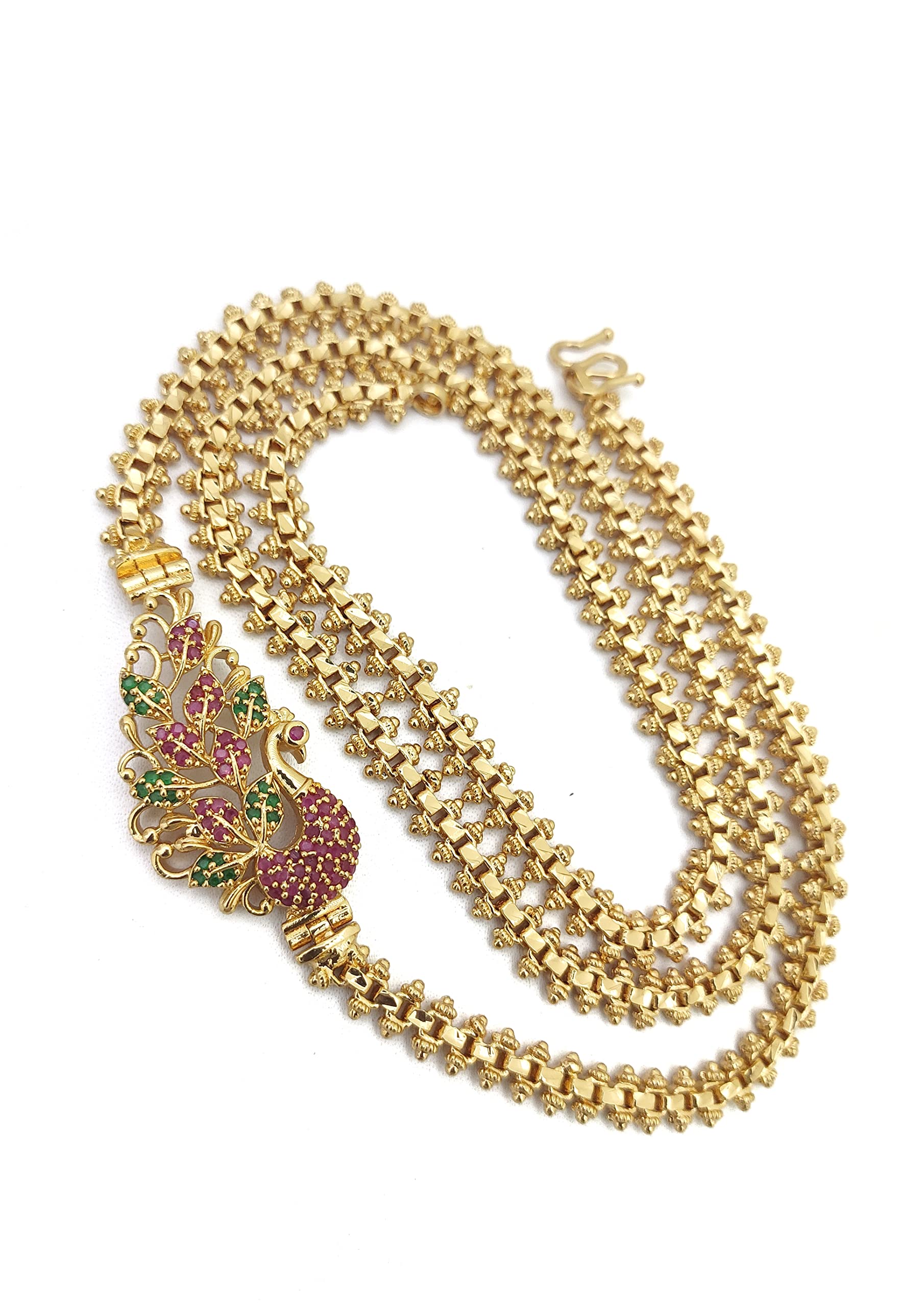 HANAA 1 Gram Micro Gold Plated Traditional Designer Peacock Mugappu Chain for Women and Girls, 26 Inches