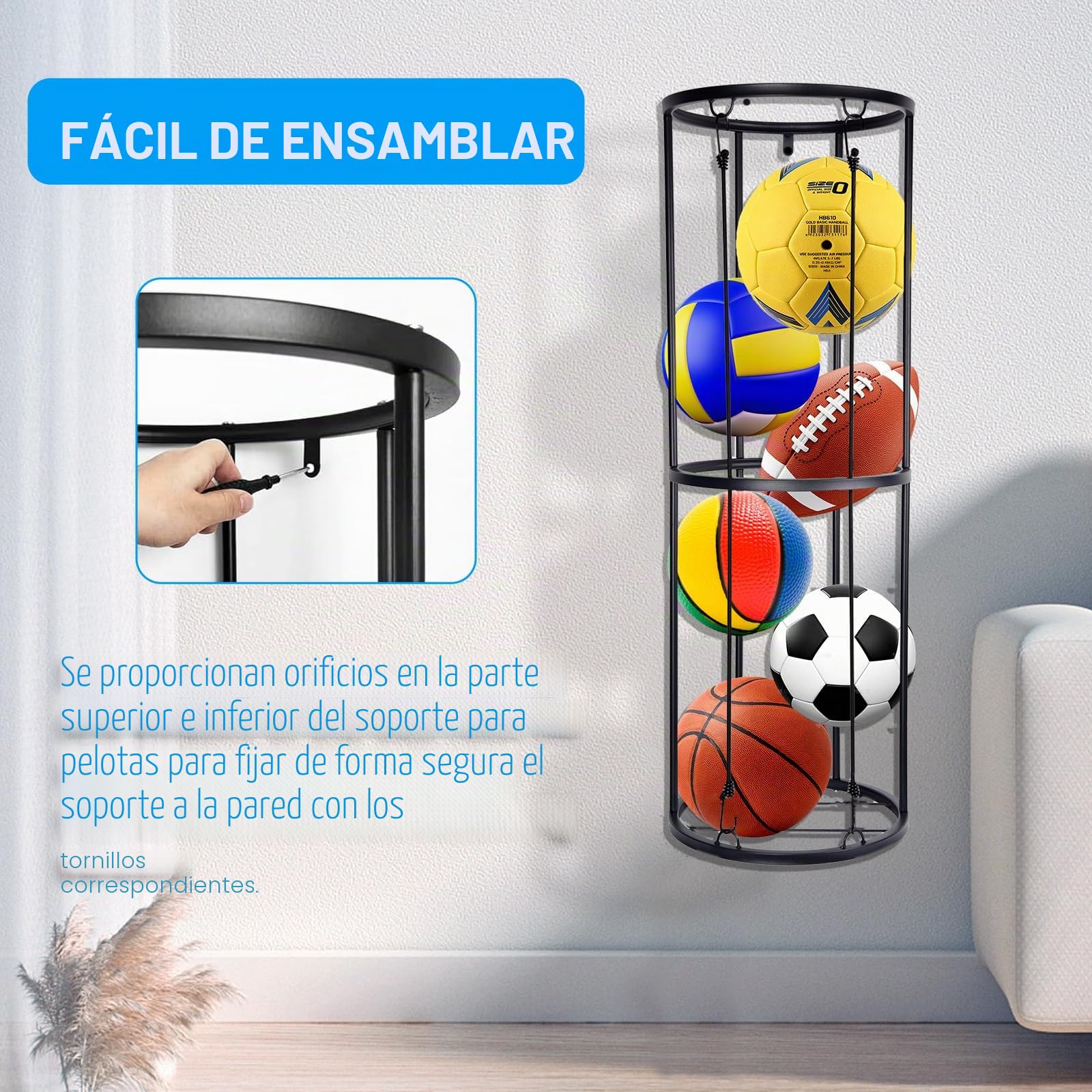 Rack Vertical de balones de 2 Niveles con Ruedas, Estante de Almacenamiento de balones Deportivos, Organizador de Almacenamiento de balones Deportivos para Garaje Que Ahorra Espacio