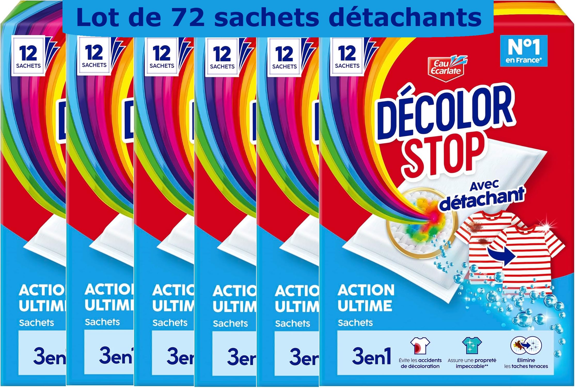 Decolor Stop - 3 en 1 - Avec Detachant - Action Ultime - Evite les Accidents de Decoloration - Assure une Proprete Impeccable - Elimine les Taches Tenaces - x72 Sachets
